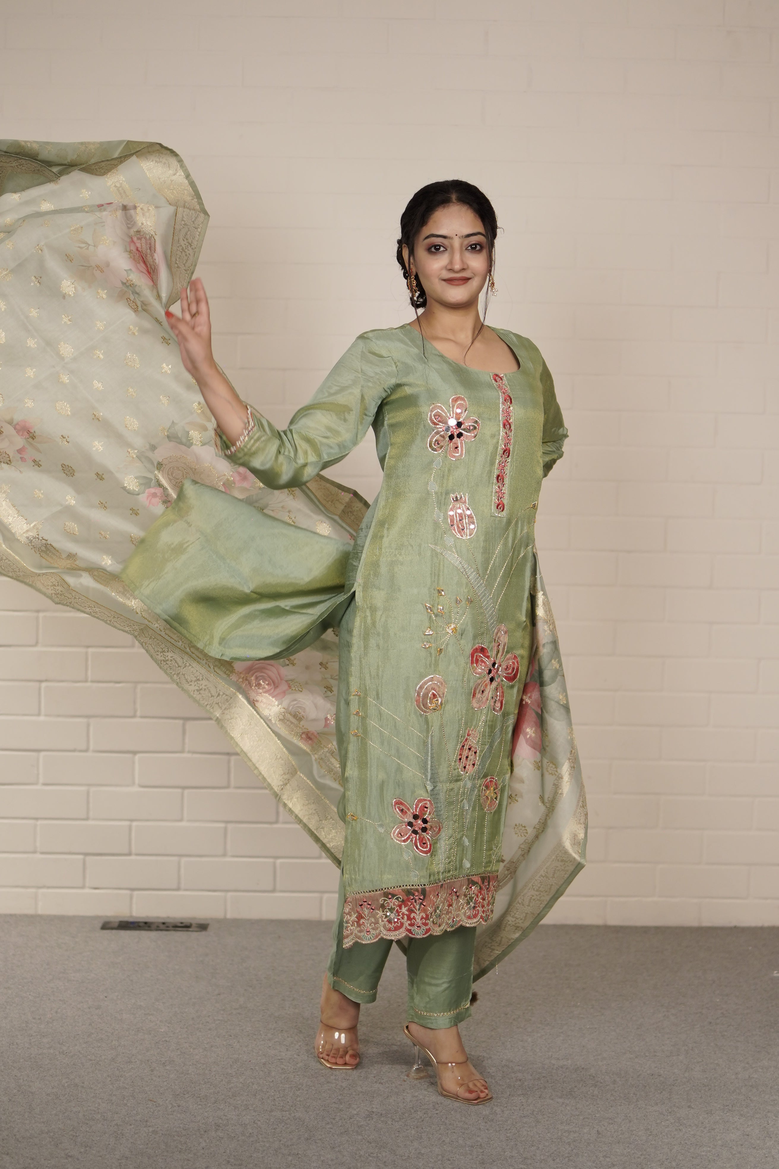 Pastel green bloom embroidered suit set
