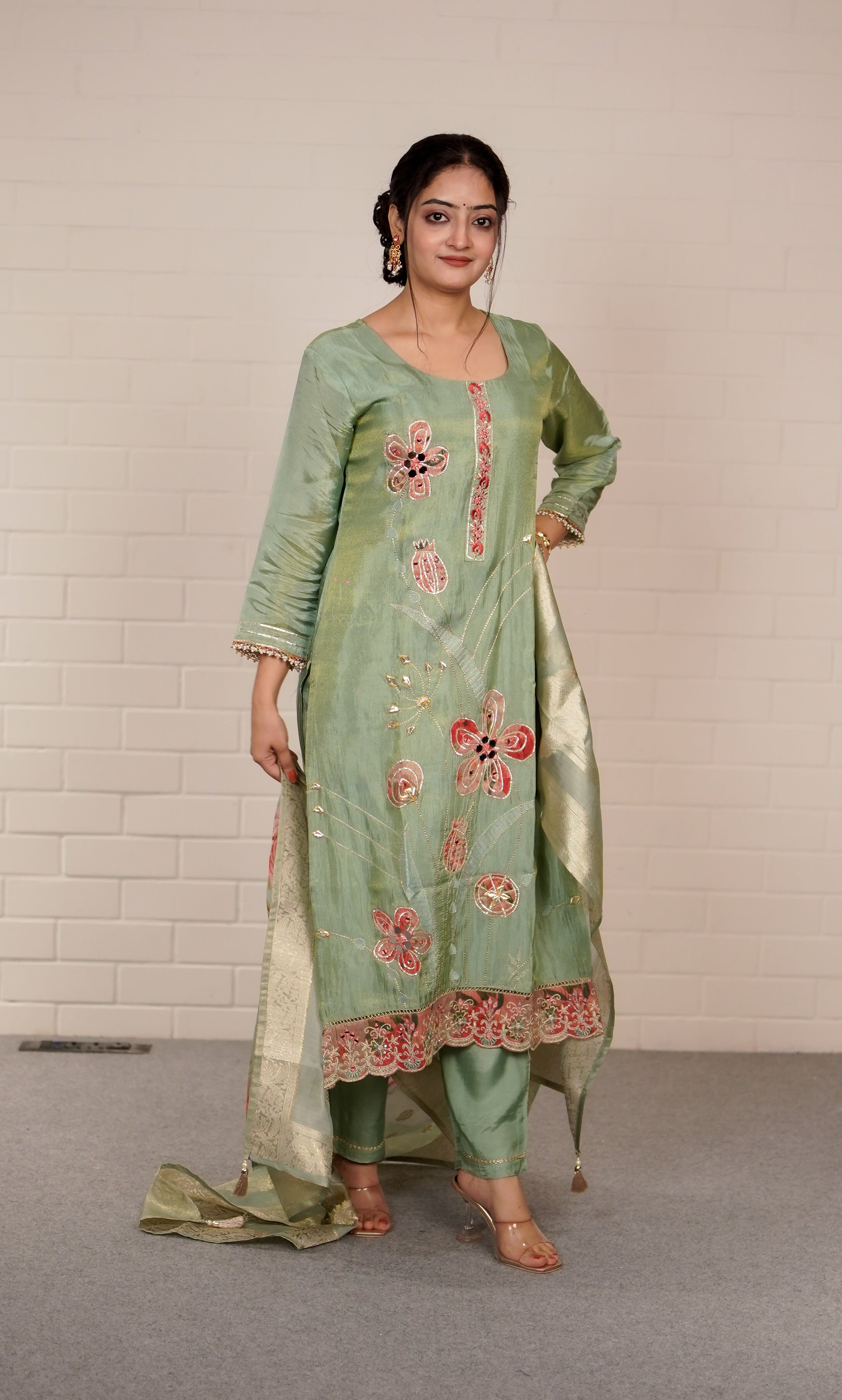 Pastel green bloom embroidered suit set