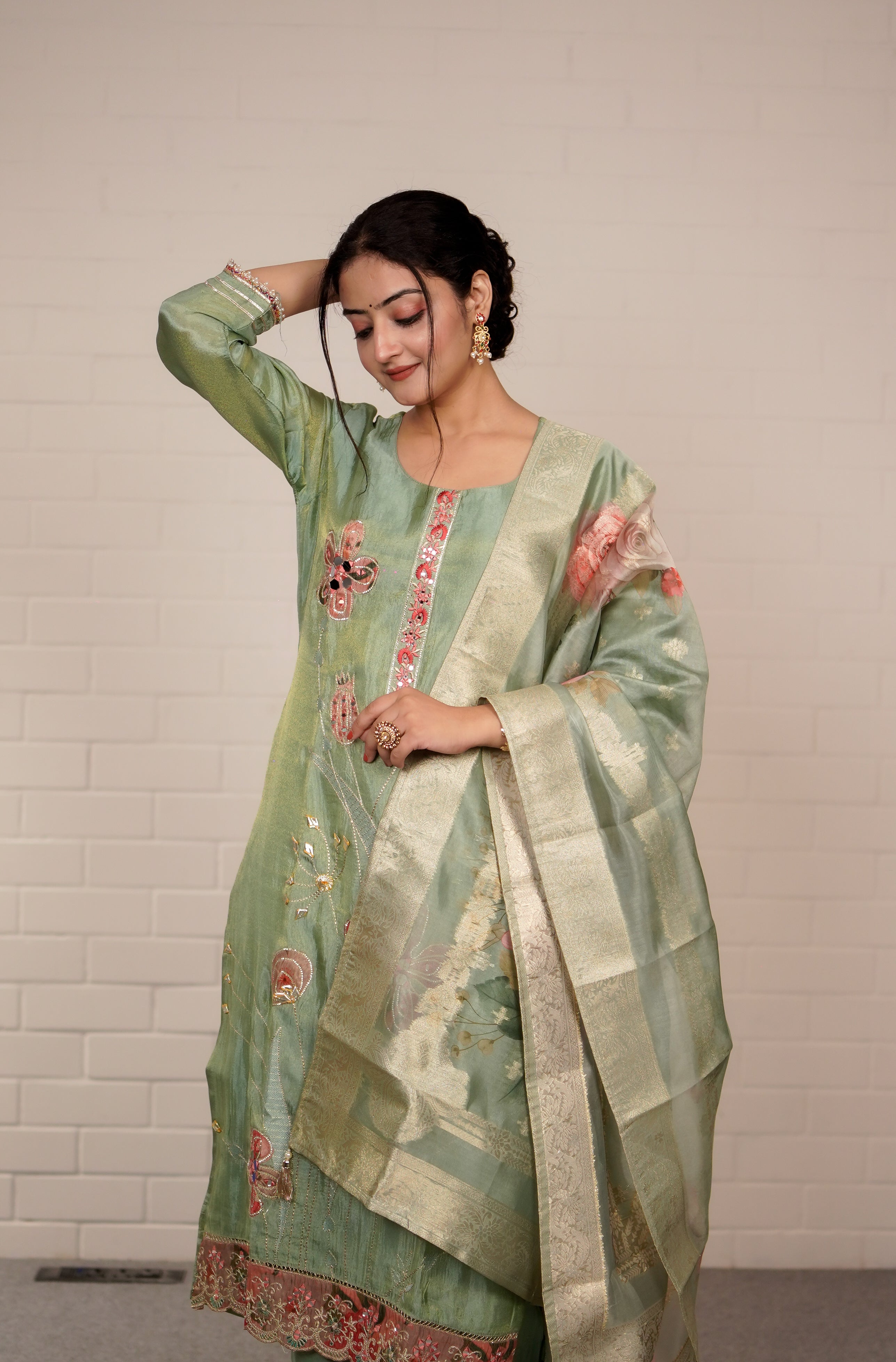 Pastel green bloom embroidered suit set