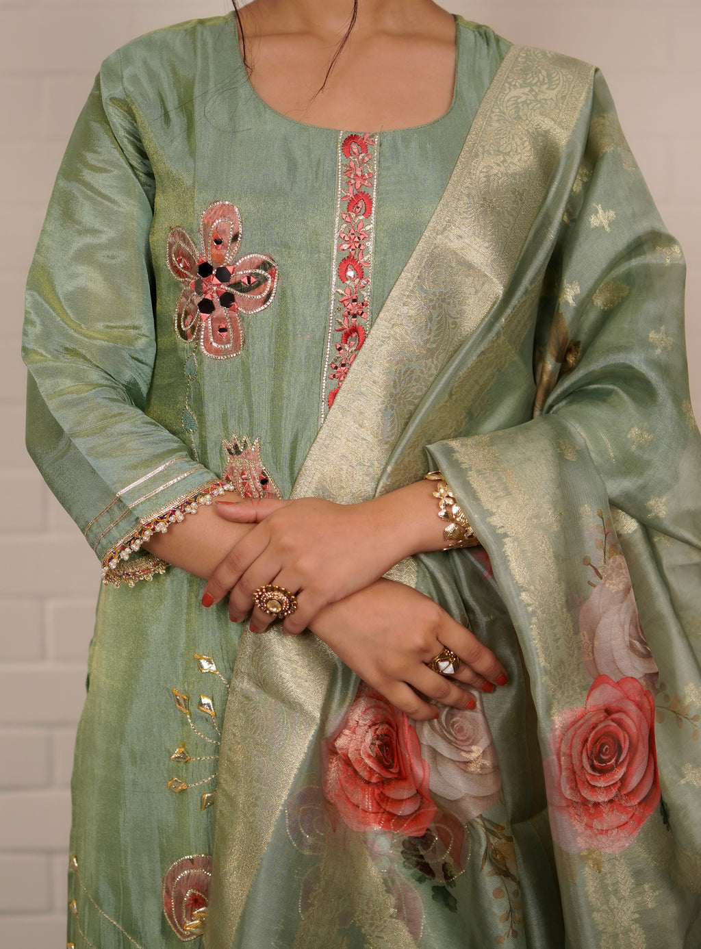 Pastel green bloom embroidered suit set