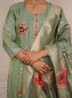 Pastel green bloom embroidered suit set