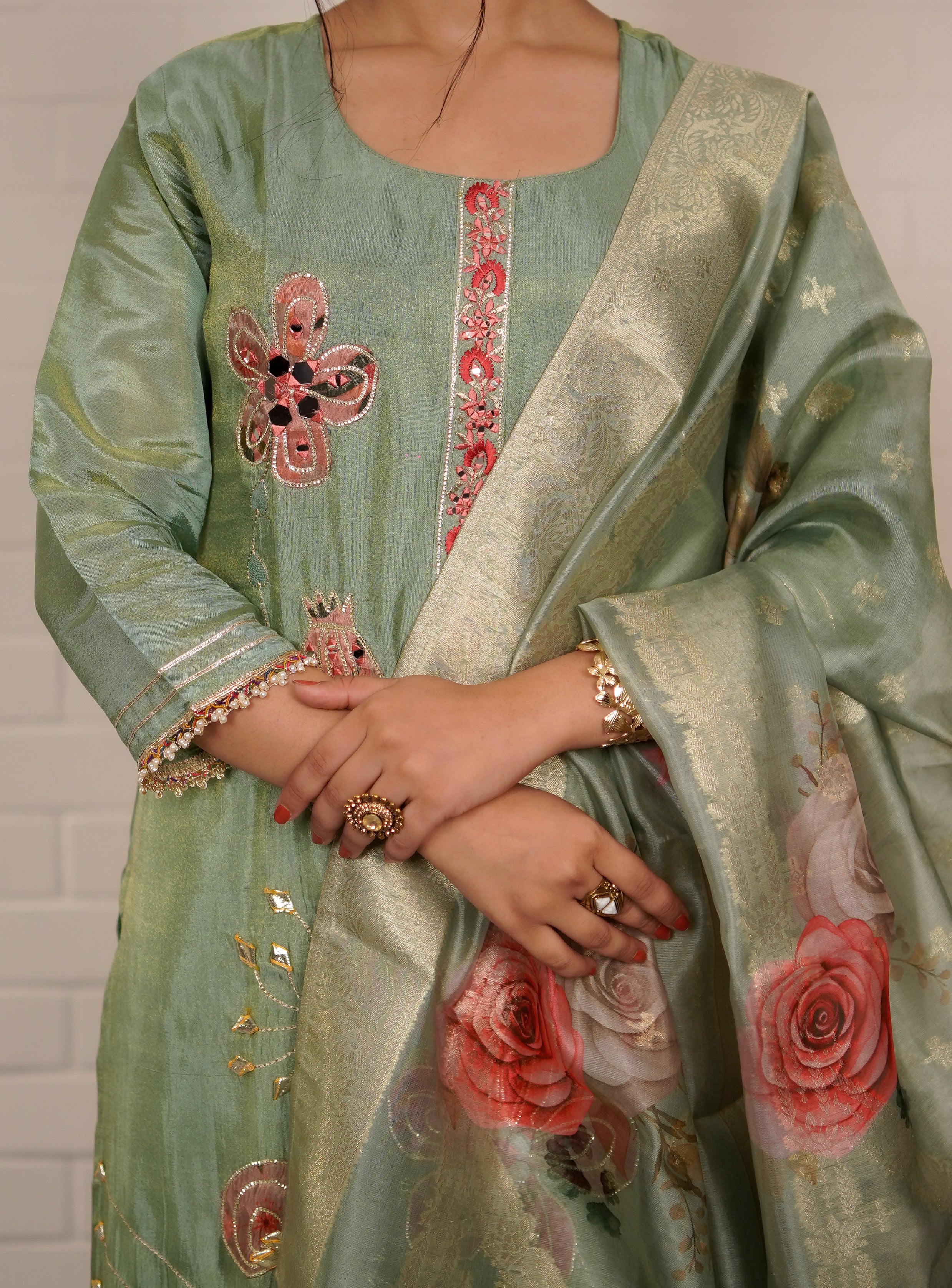 Pastel green bloom embroidered suit set