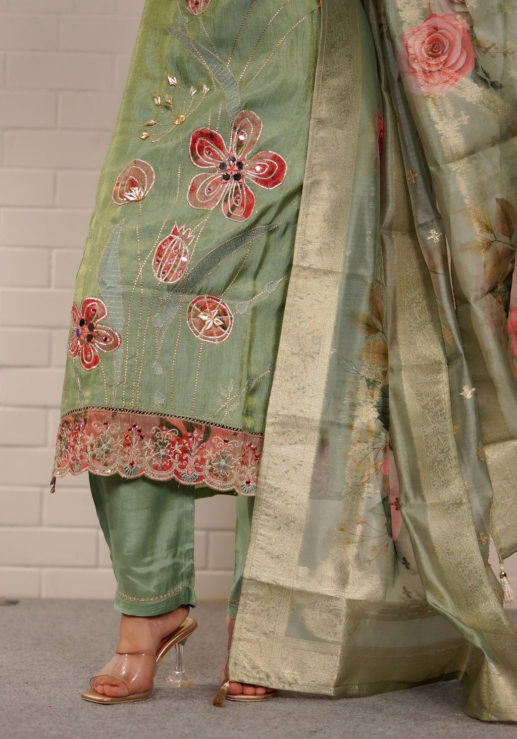 Pastel green bloom embroidered suit set