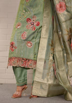 Pastel green bloom embroidered suit set
