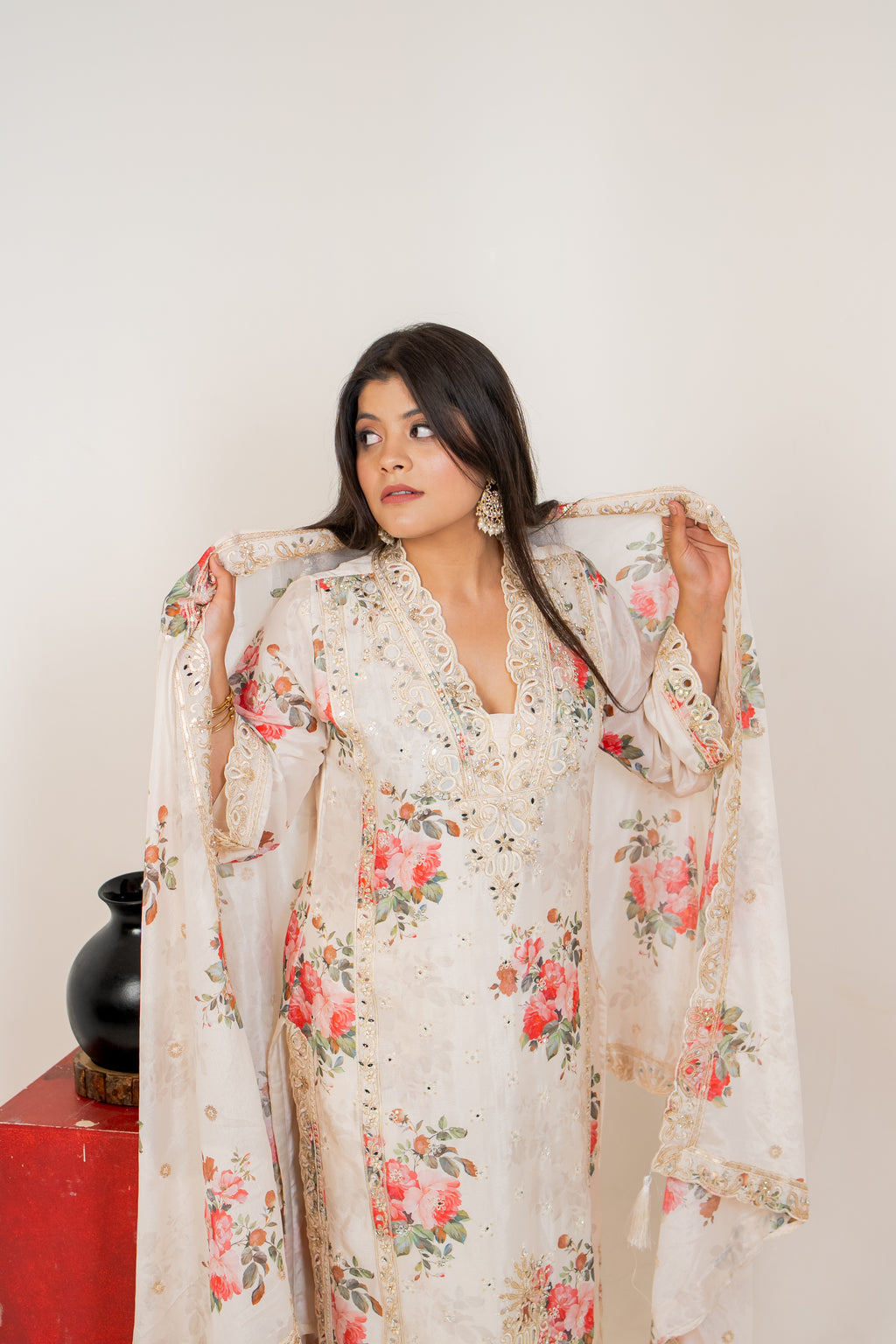 Gulnaar ivory floral mirror palazzo set