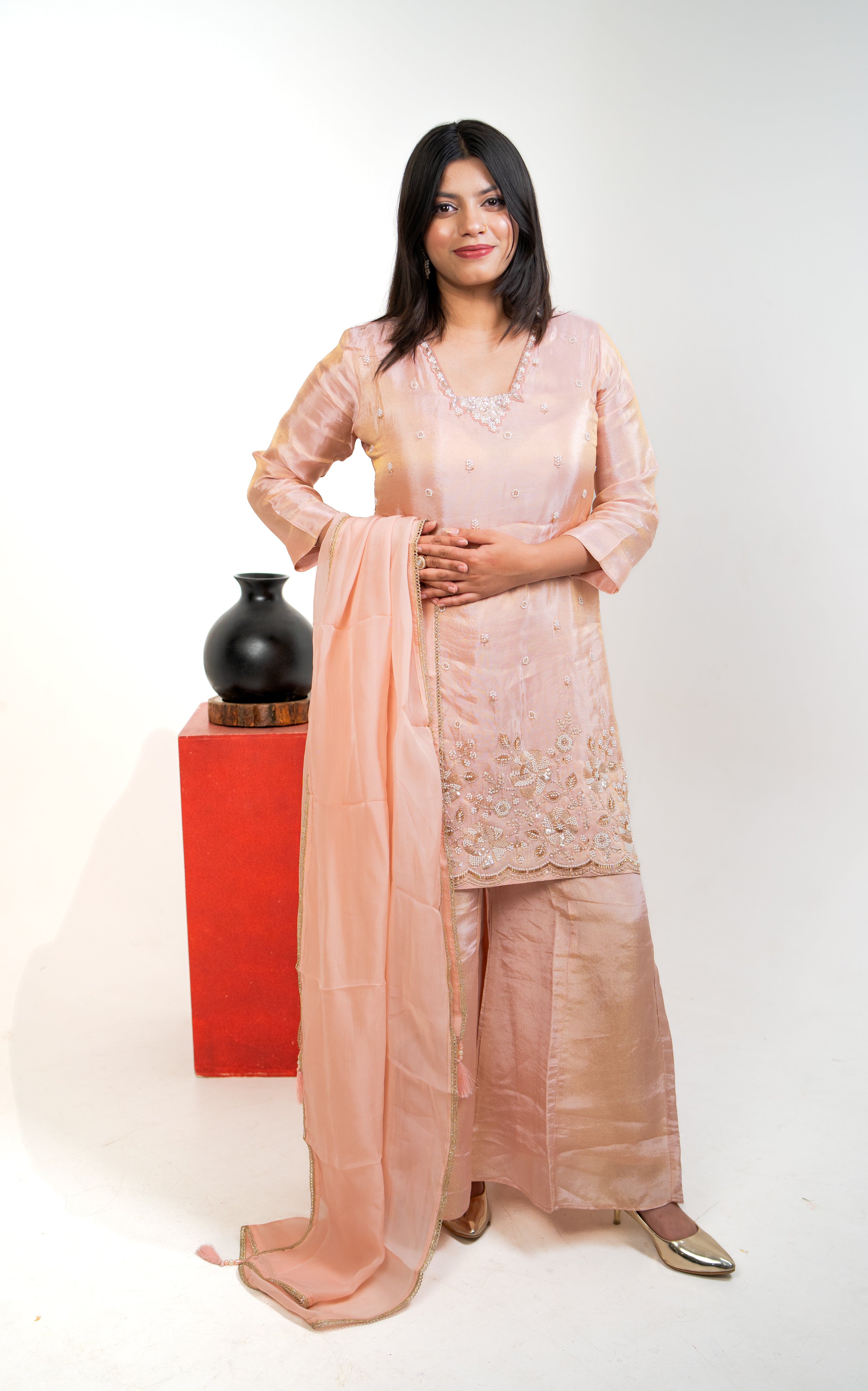 Blush pink pearl embroidered palazzo set