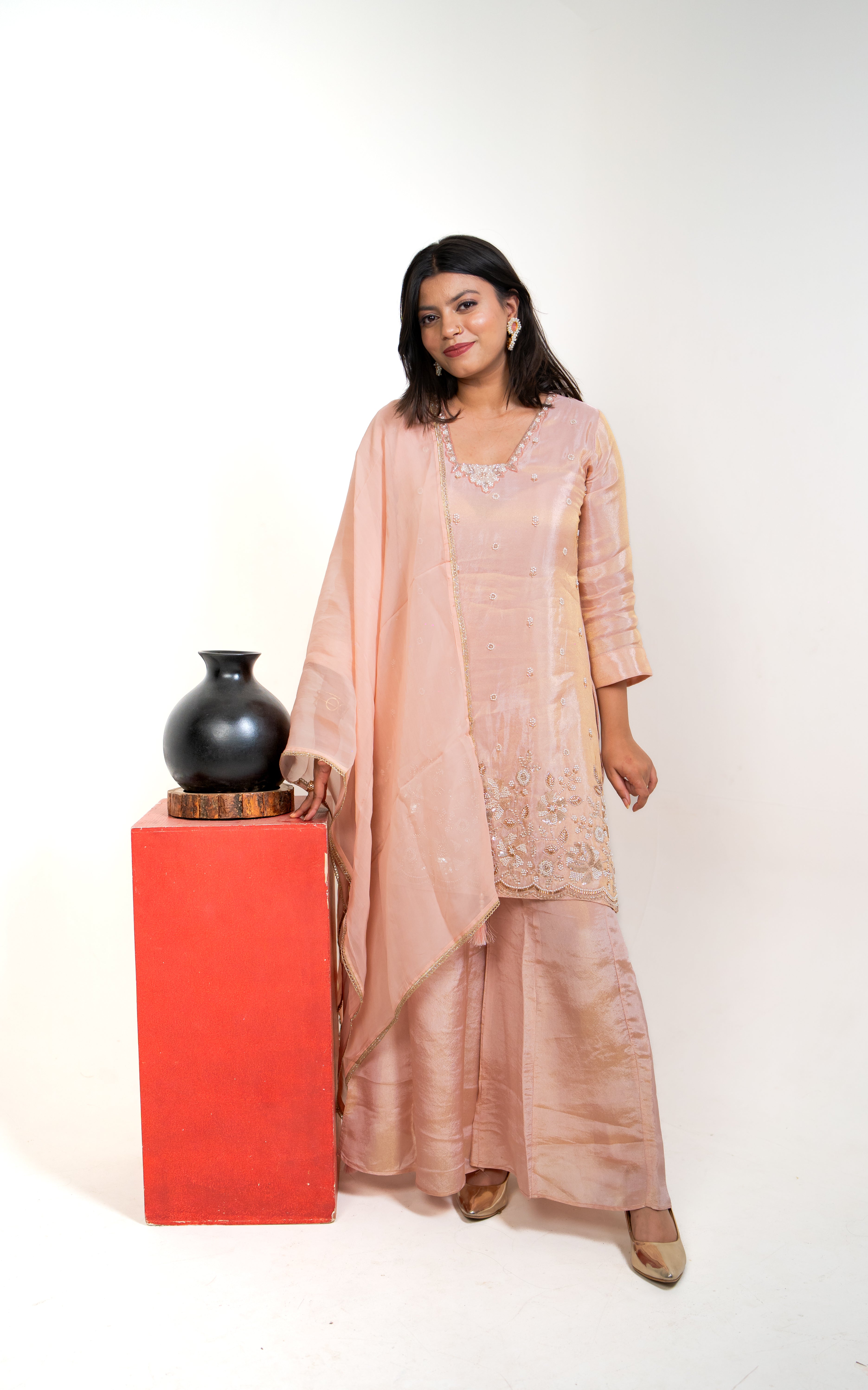 Blush pink pearl embroidered palazzo set