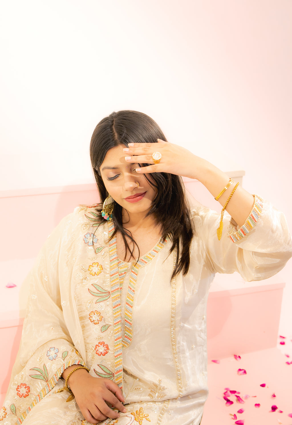 Cream peacock embroidered sharara set
