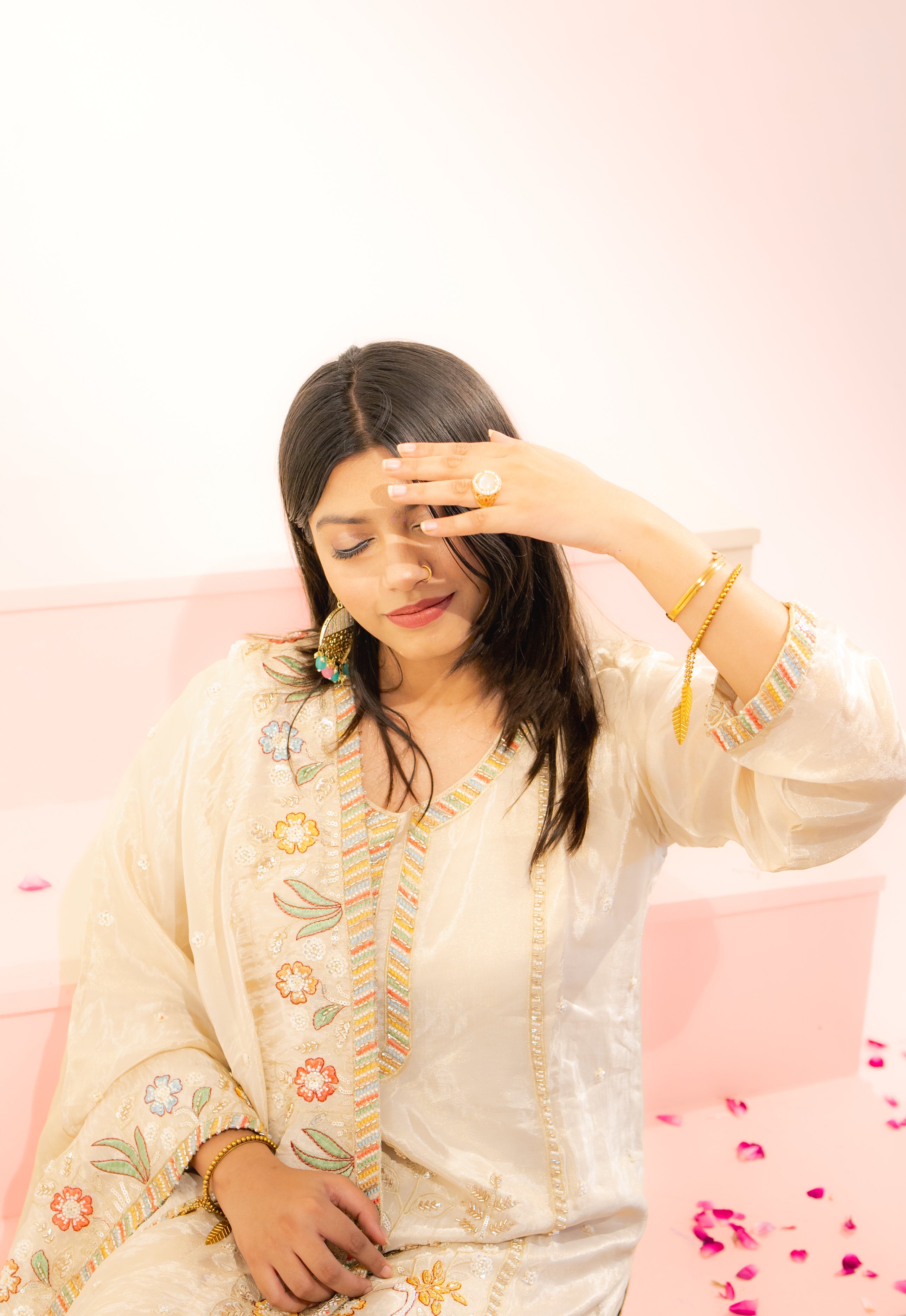 Cream peacock embroidered sharara set