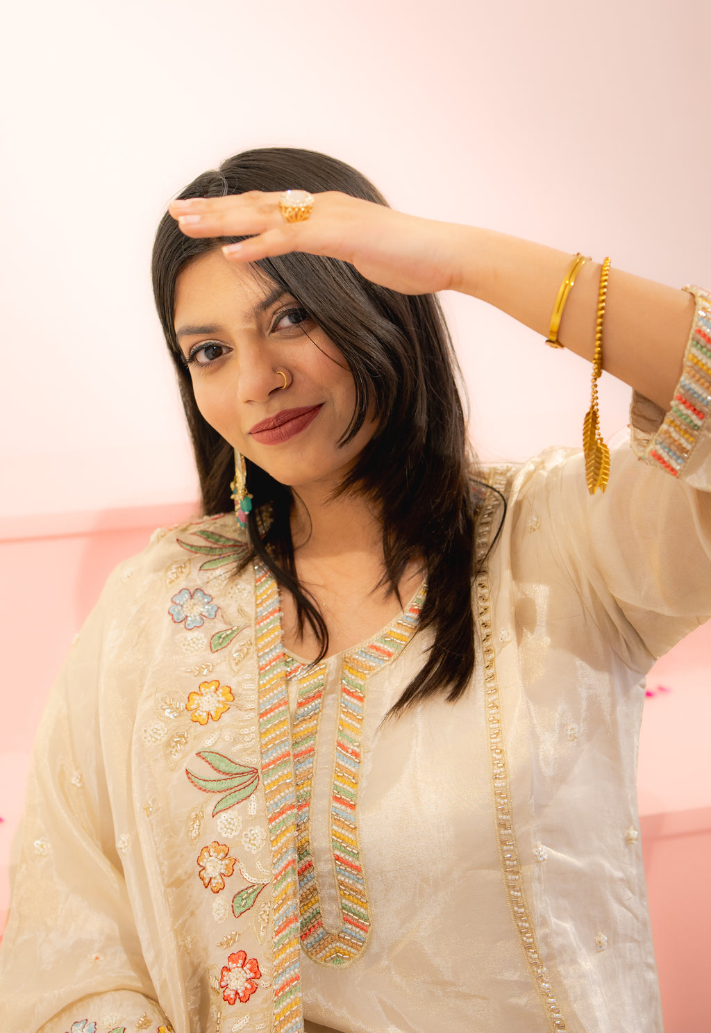 Cream peacock embroidered sharara set
