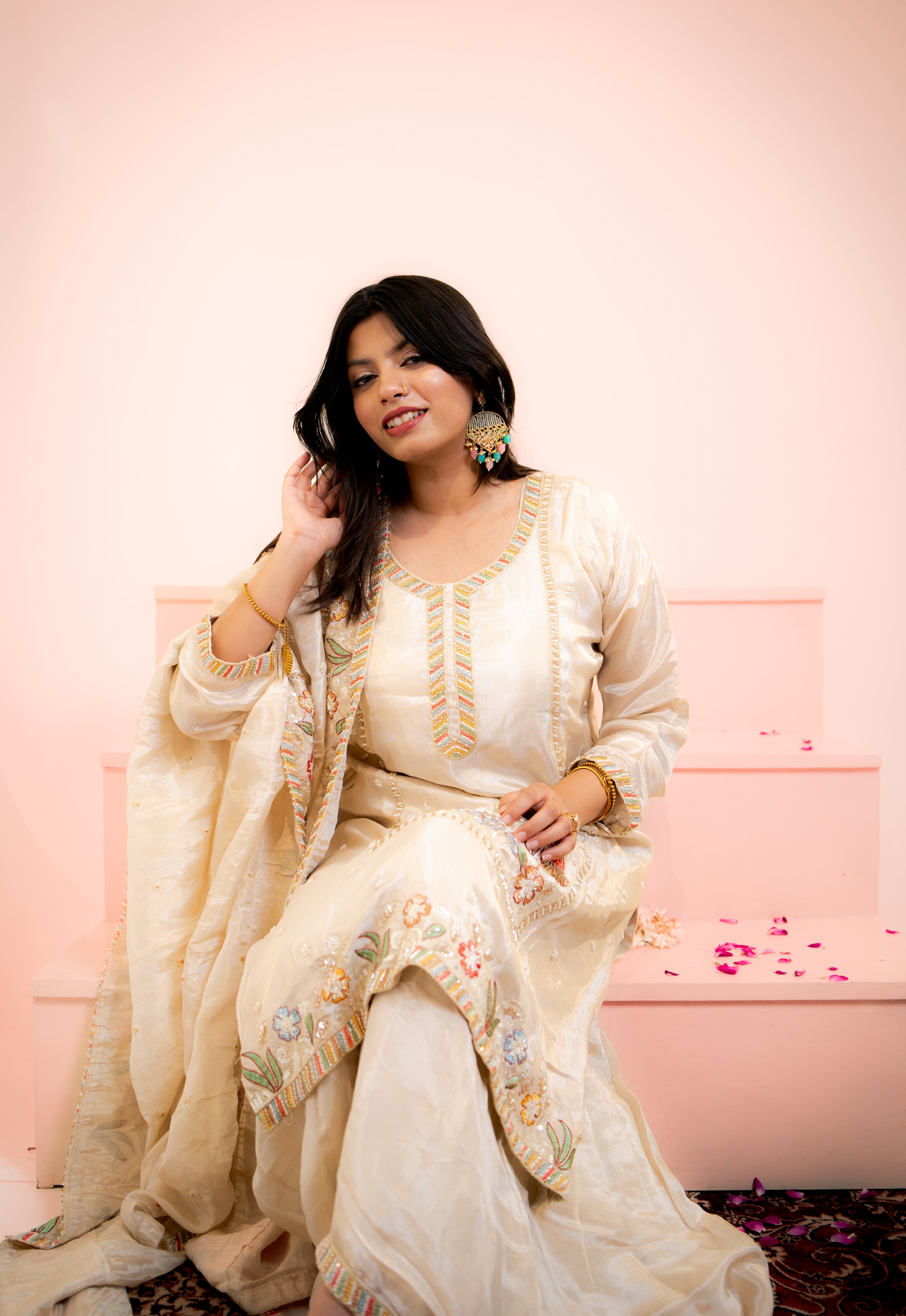 Cream peacock embroidered sharara set