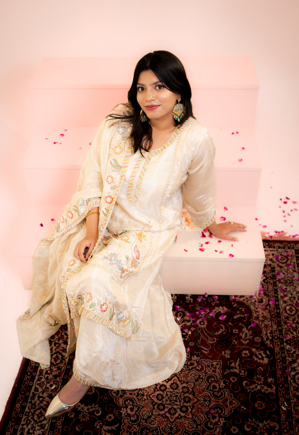 Cream peacock embroidered sharara set
