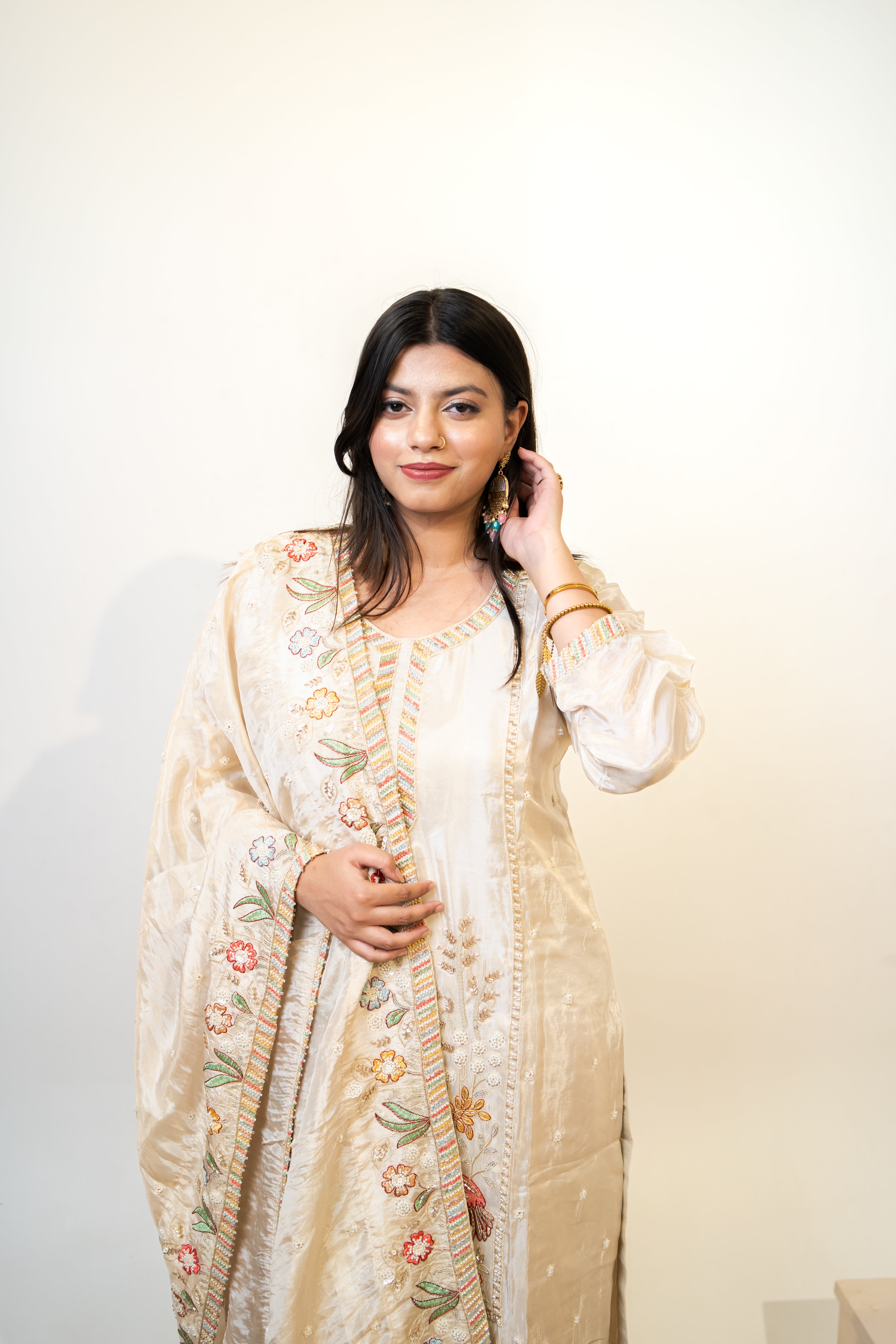 Cream peacock embroidered sharara set