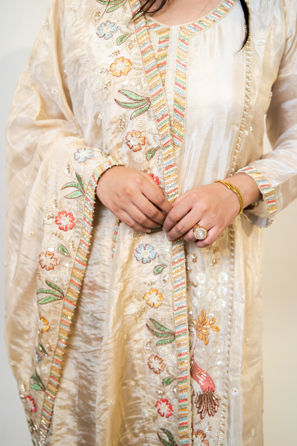 Cream peacock embroidered sharara set