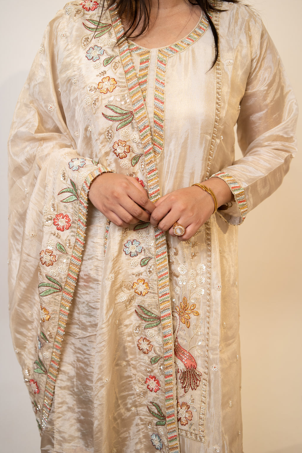 Cream peacock embroidered sharara set