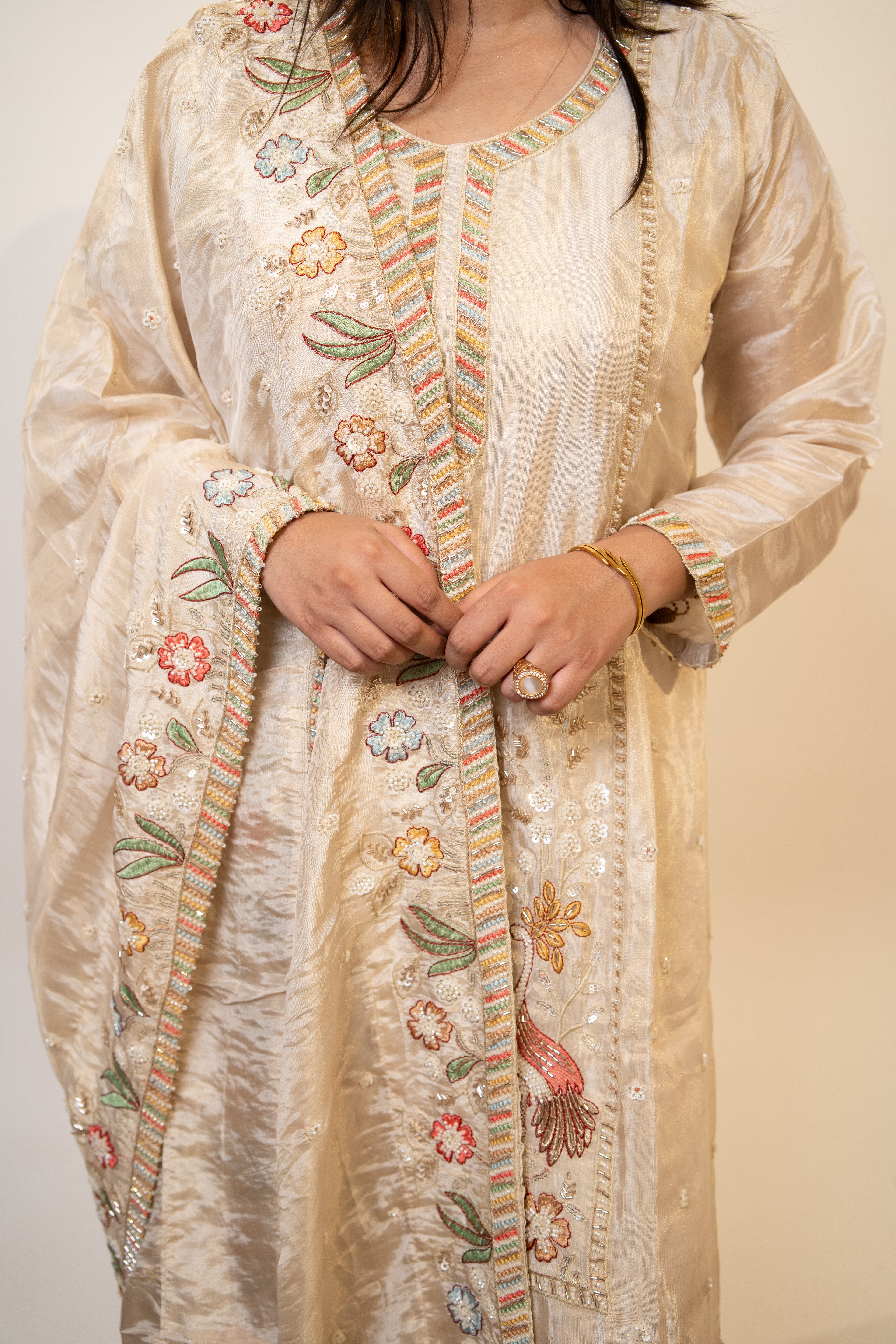 Cream peacock embroidered sharara set
