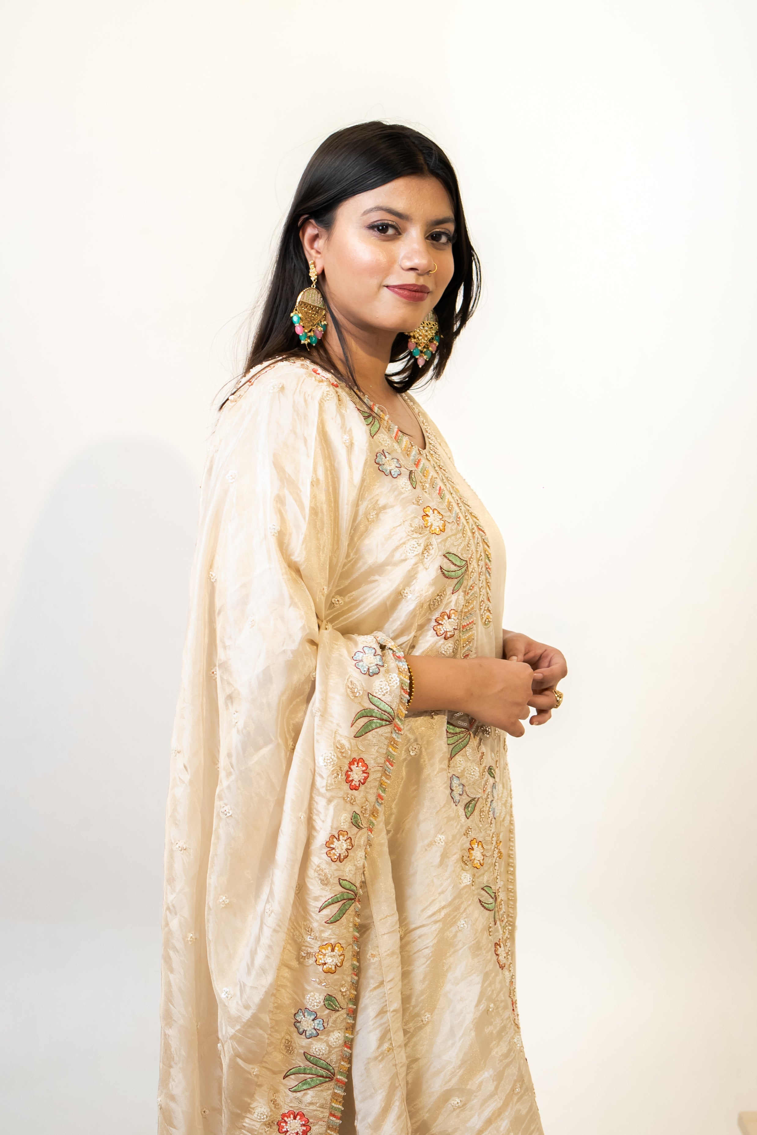 Cream peacock embroidered sharara set