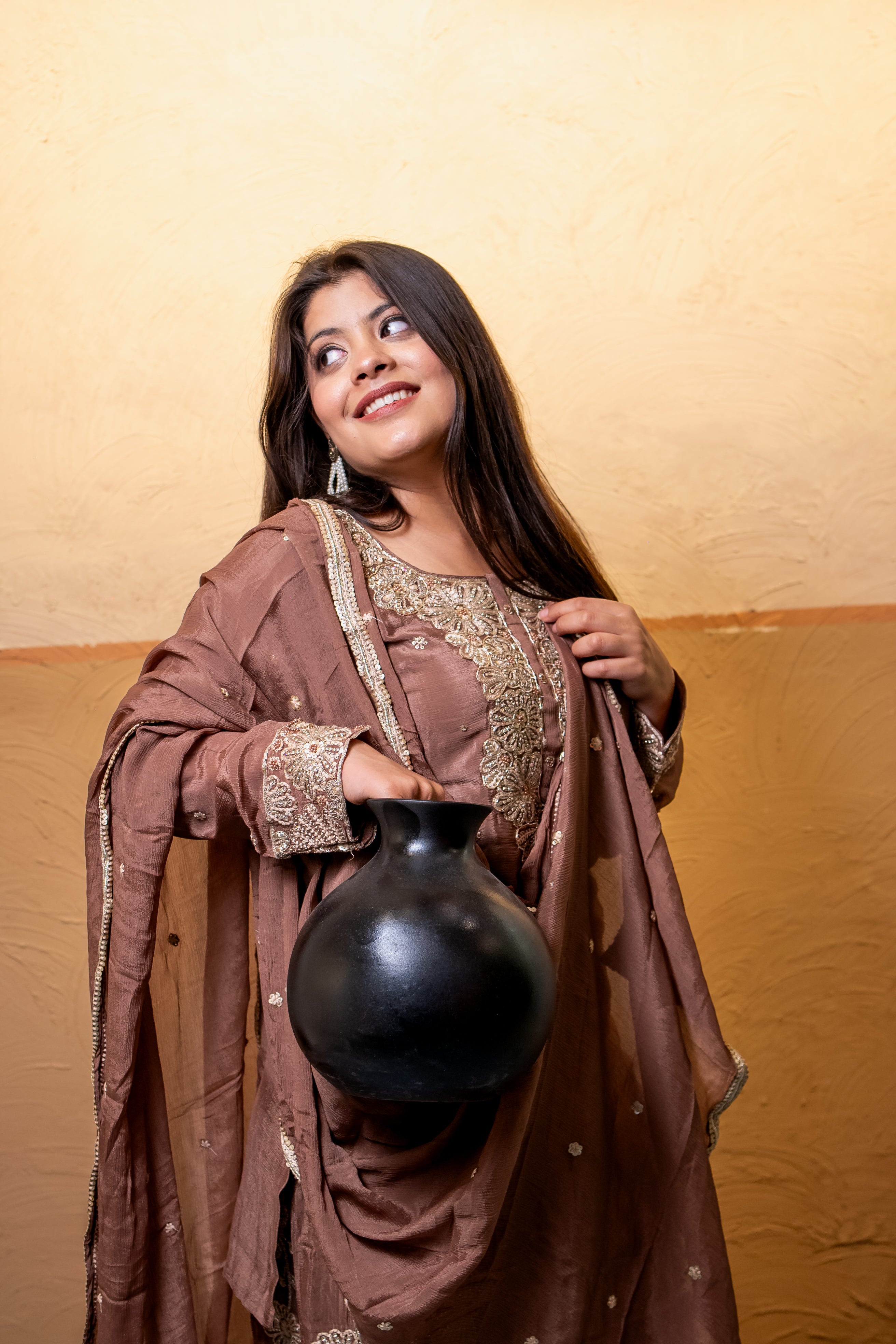 Mocha brown georgette umbrella cut palazzo set