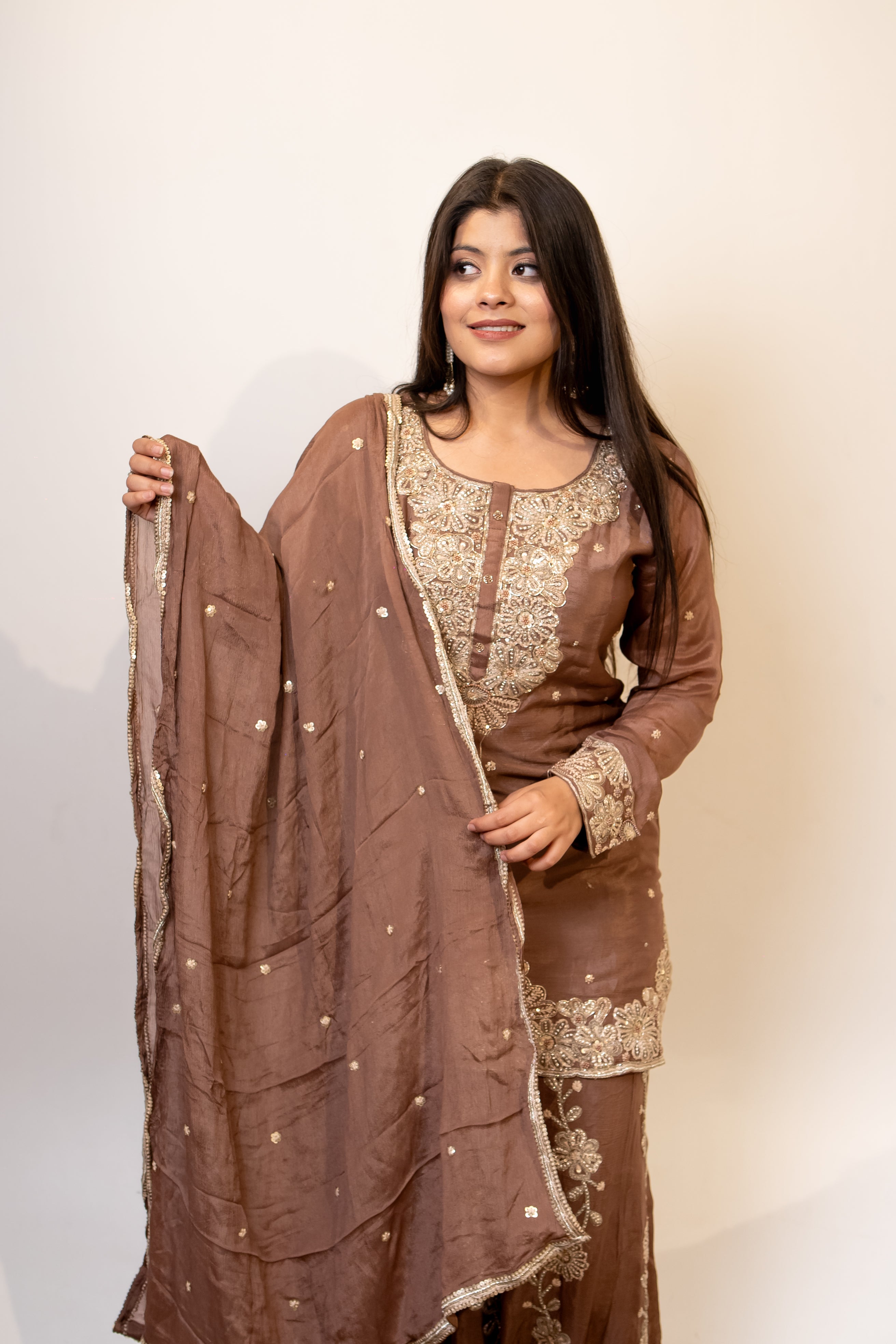 Mocha brown georgette umbrella cut palazzo set