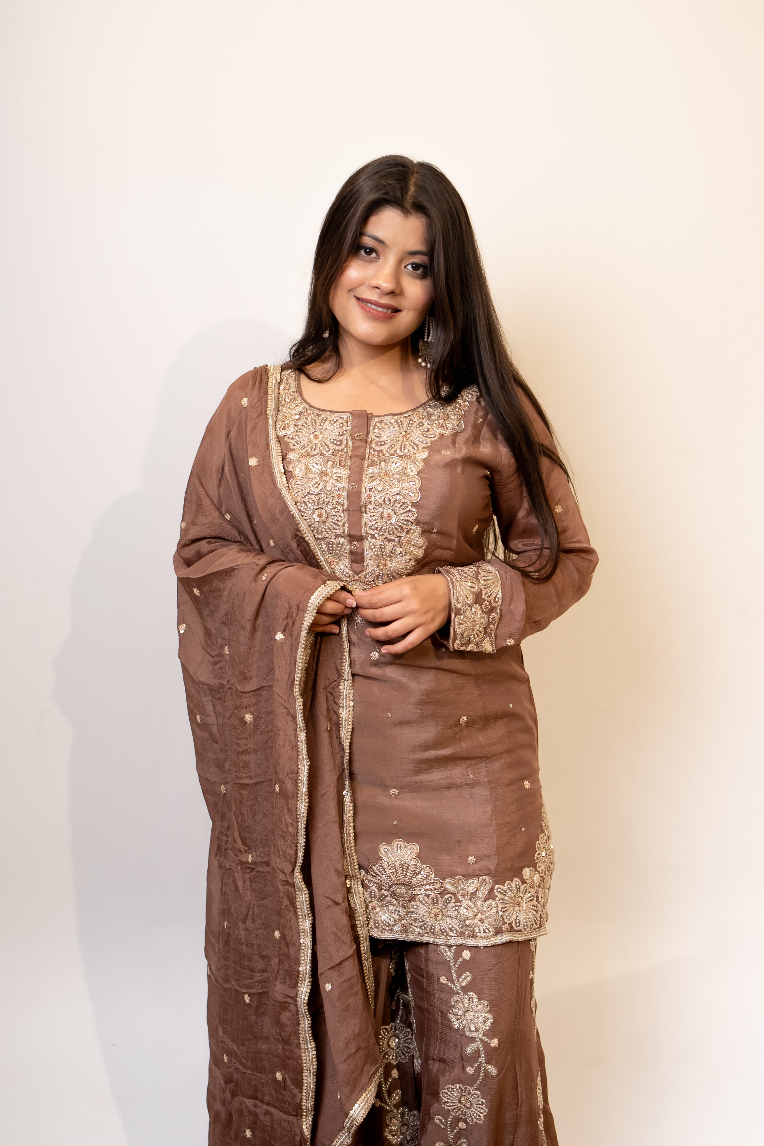Mocha brown georgette umbrella cut palazzo set