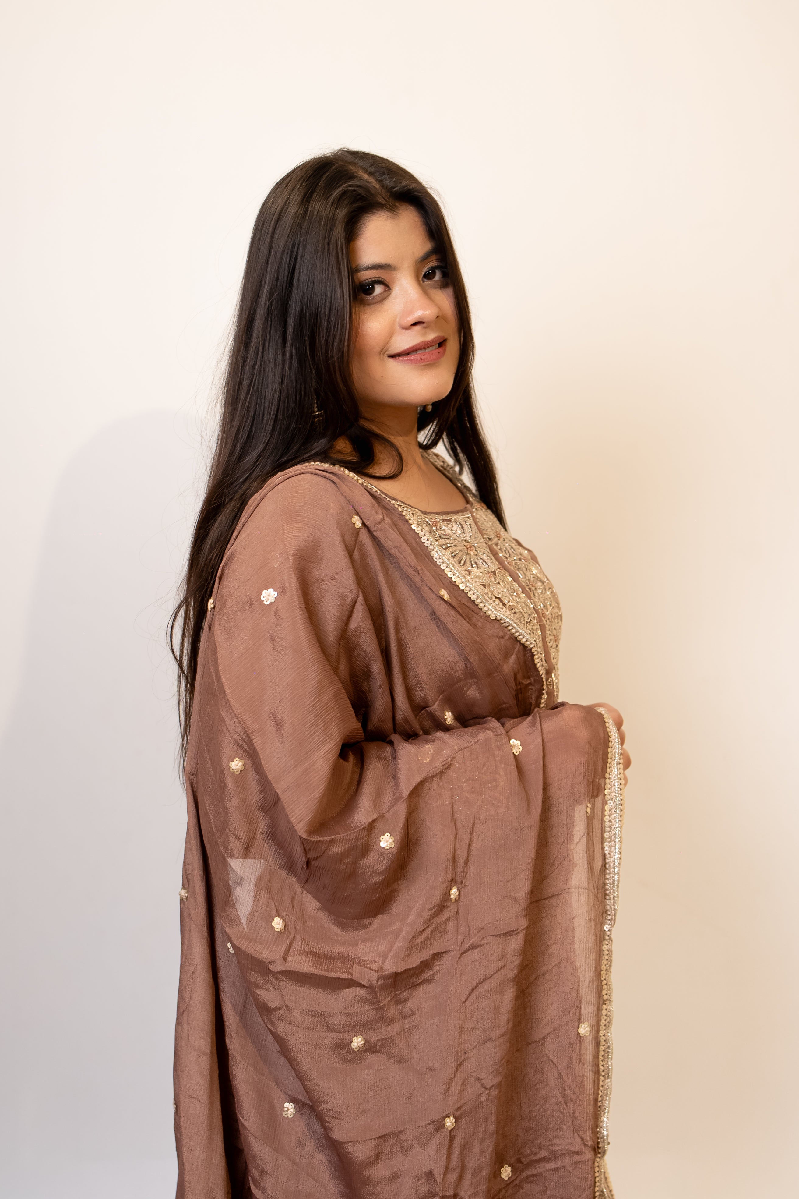 Mocha brown georgette umbrella cut palazzo set
