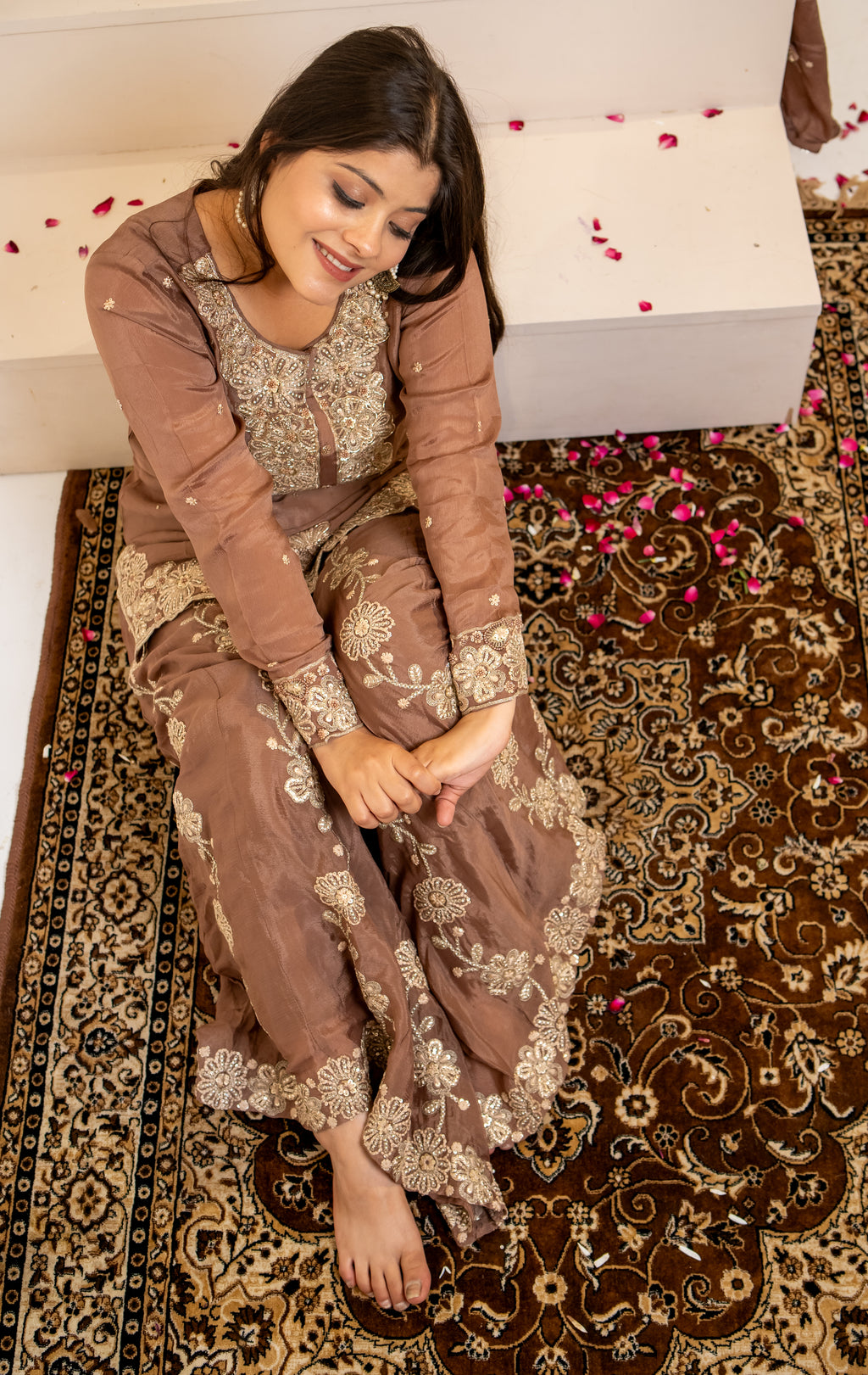Mocha brown georgette umbrella cut palazzo set