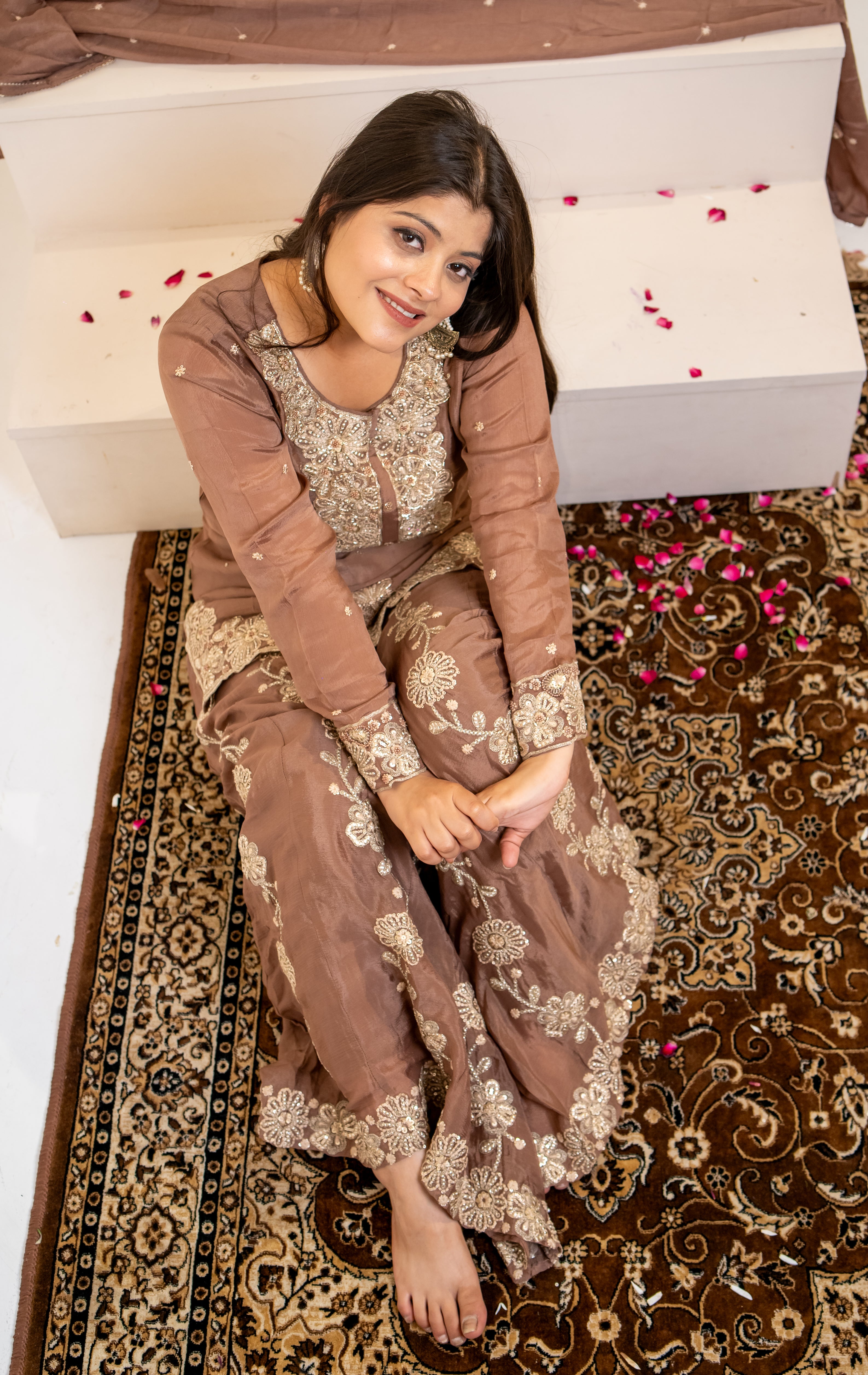 Mocha brown georgette umbrella cut palazzo set