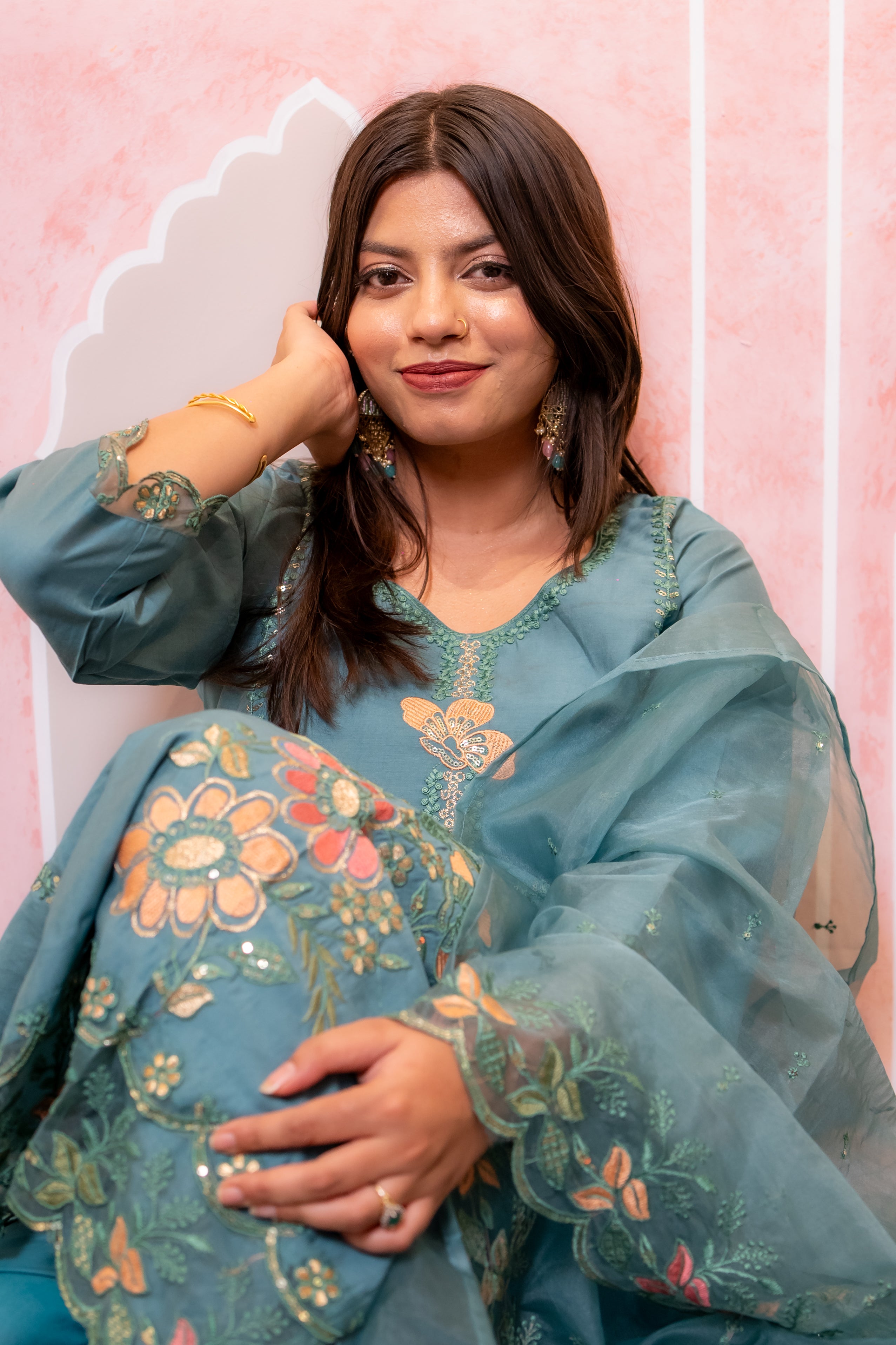 Teal green nazrana cotton suit set