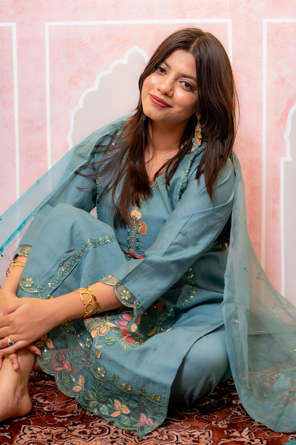 Teal green nazrana cotton suit set