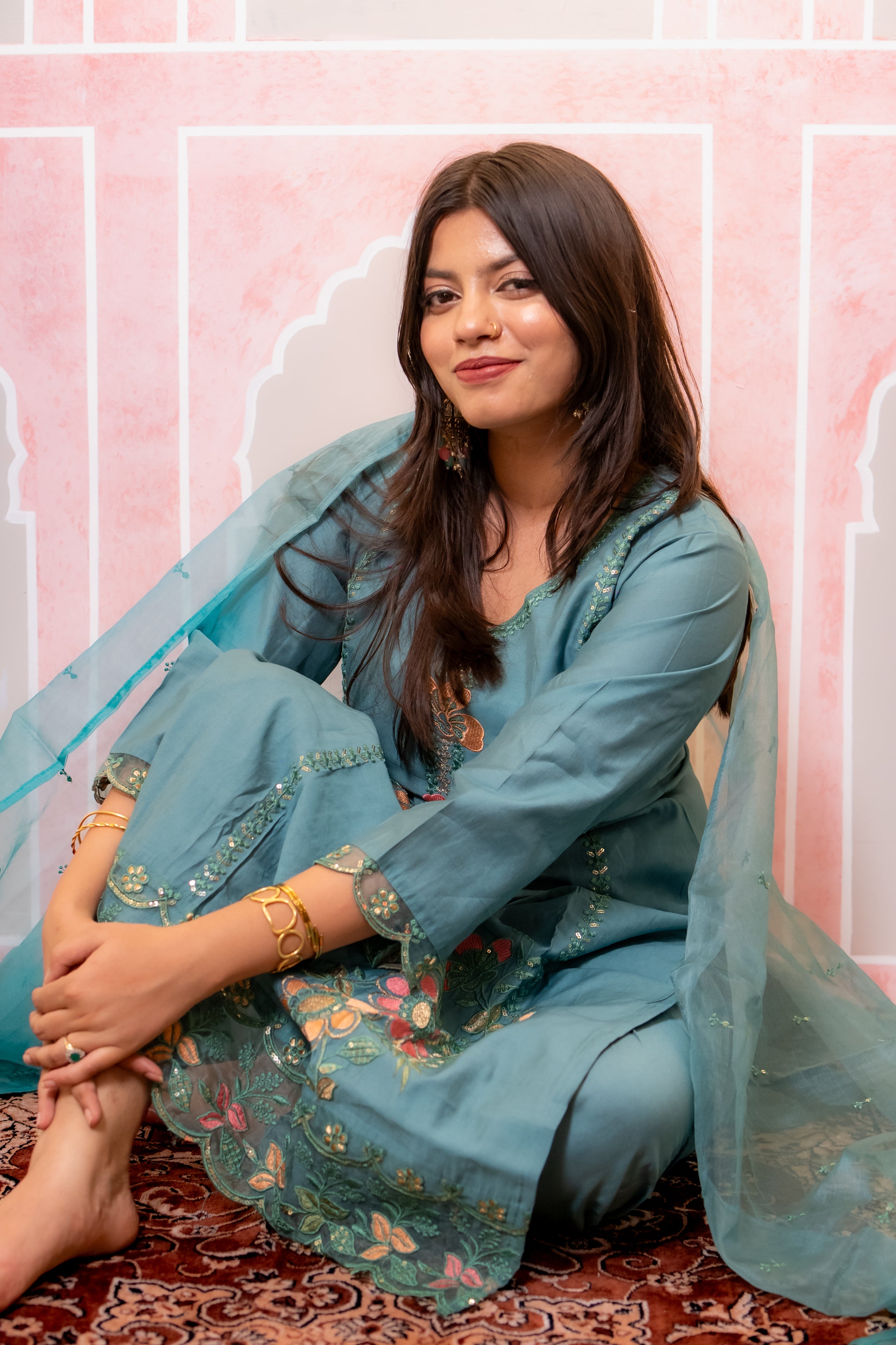 Teal green nazrana cotton suit set