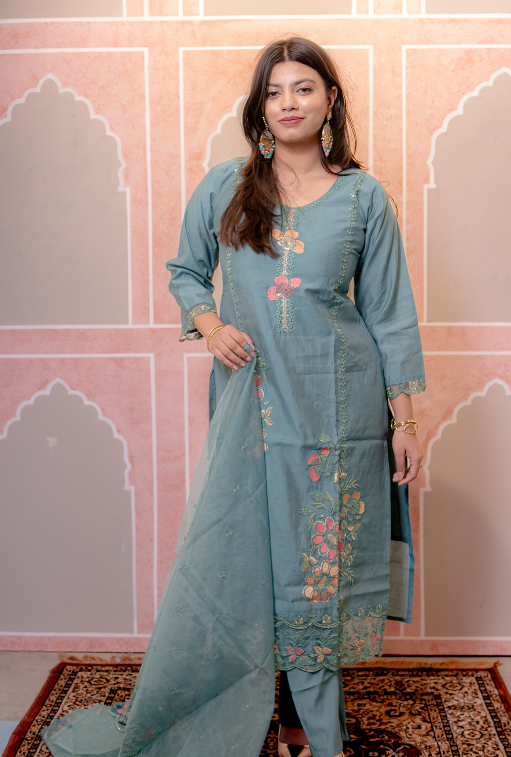 Teal green nazrana cotton suit set
