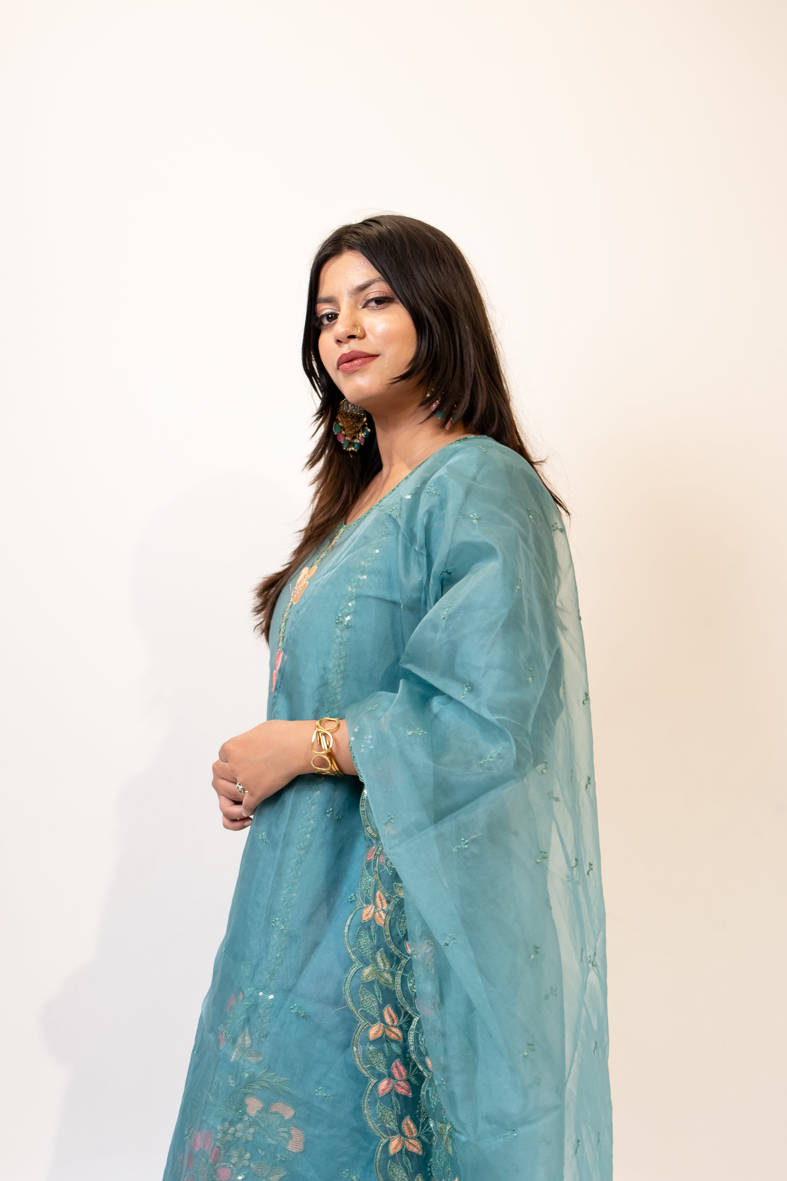 Teal green nazrana cotton suit set