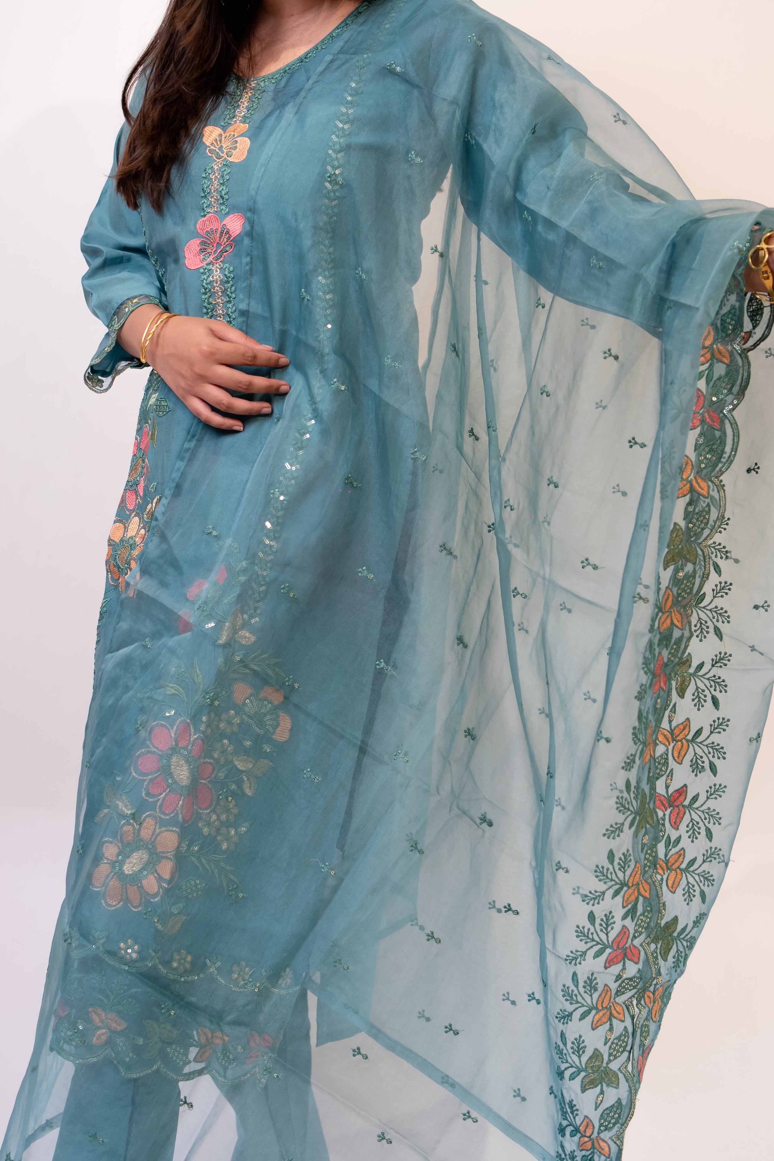 Teal green nazrana cotton suit set