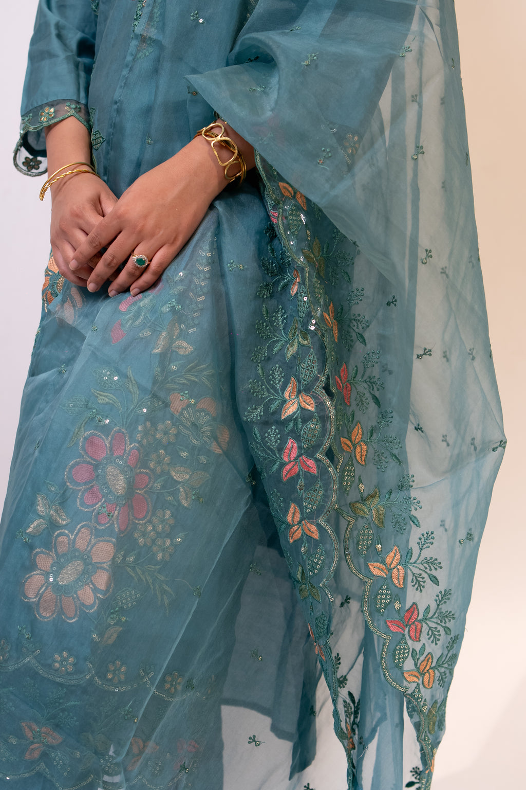 Teal green nazrana cotton suit set