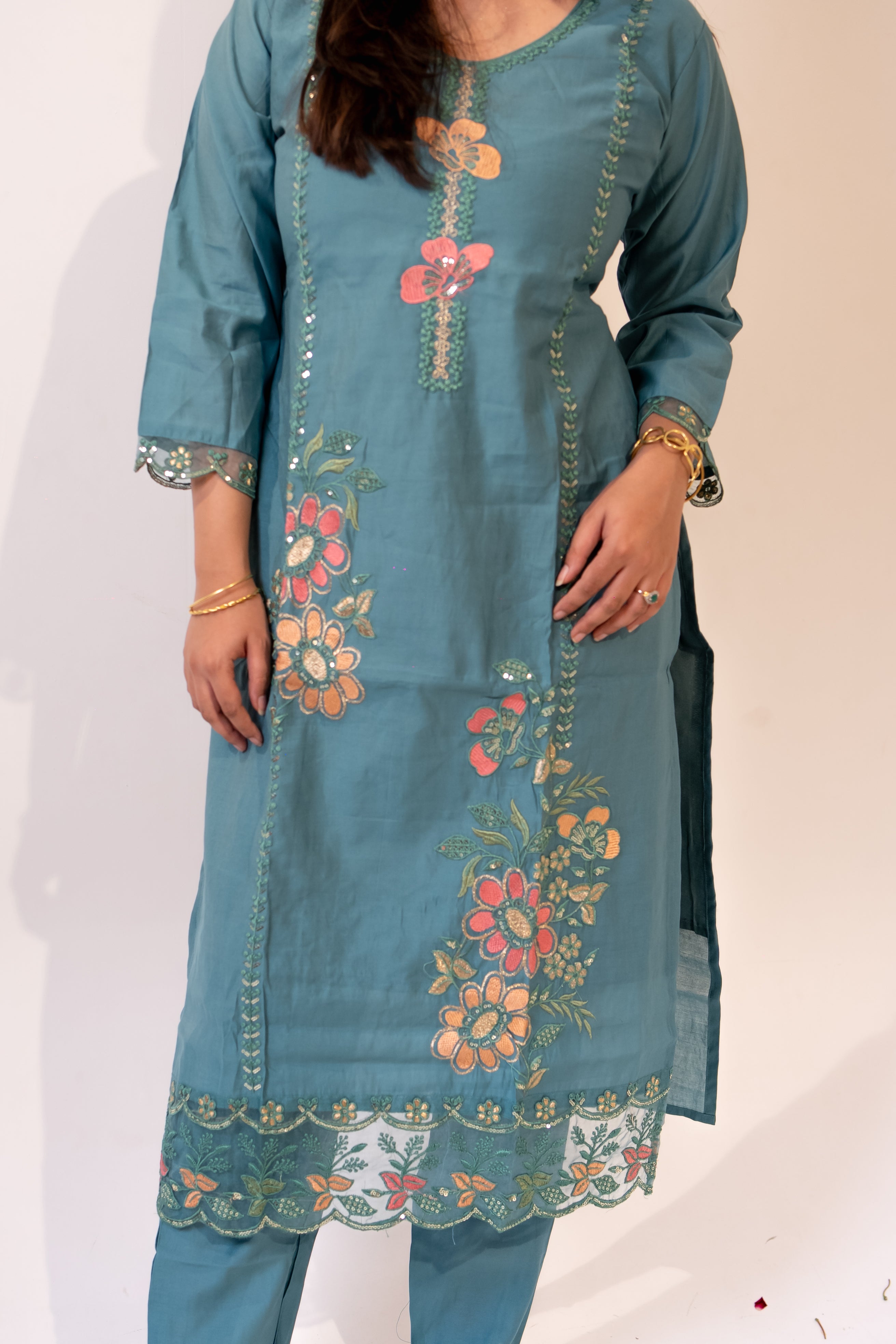 Teal green nazrana cotton suit set