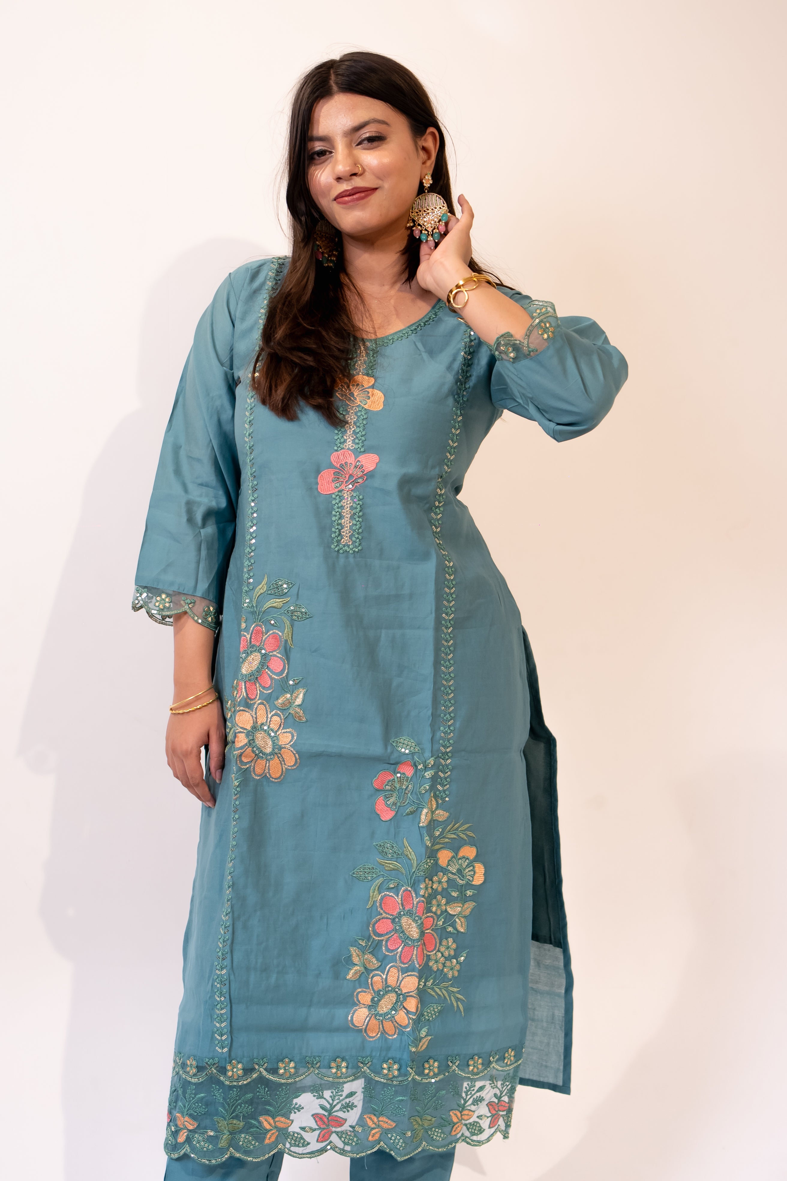 Teal green nazrana cotton suit set