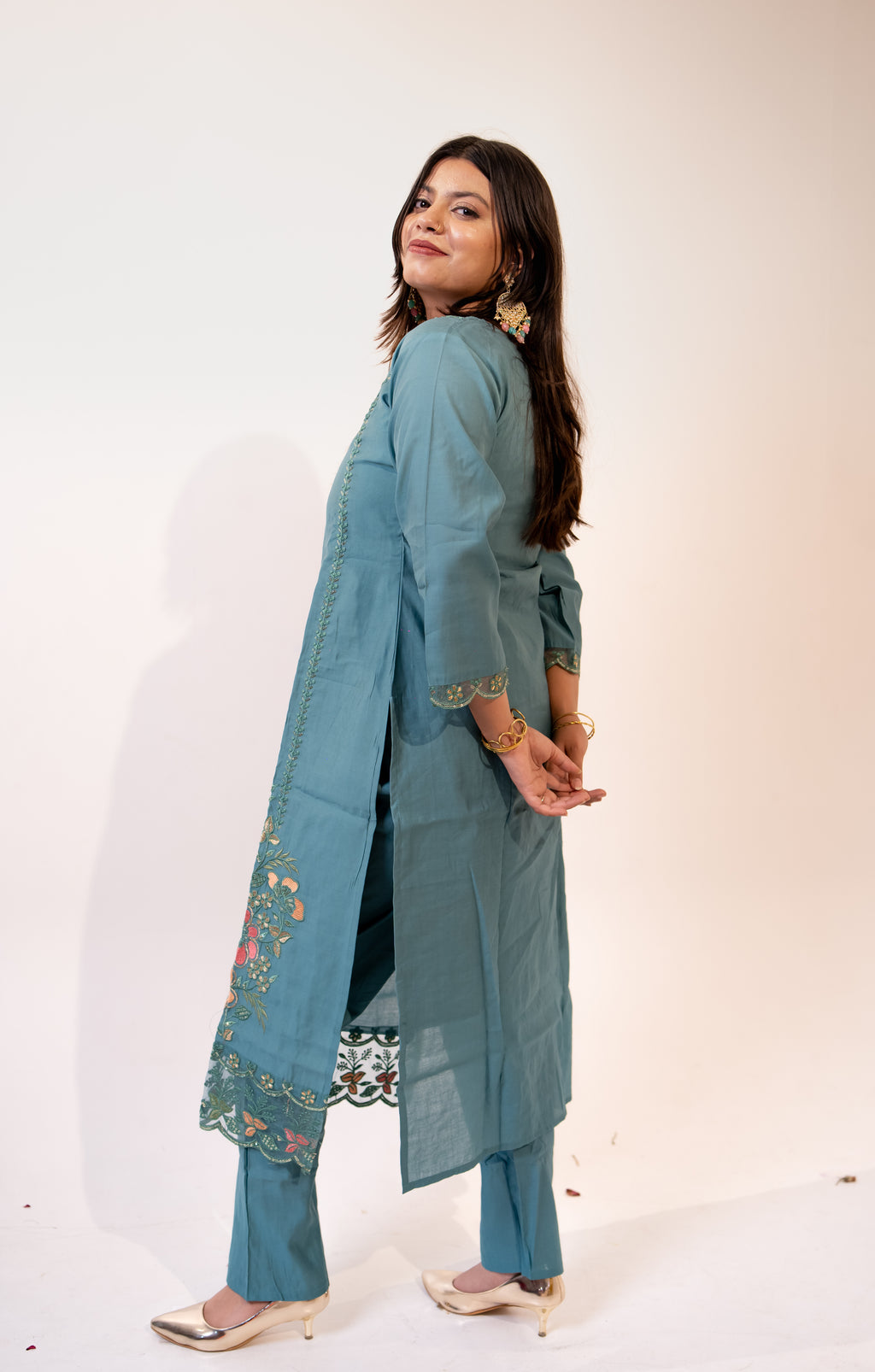 Teal green nazrana cotton suit set
