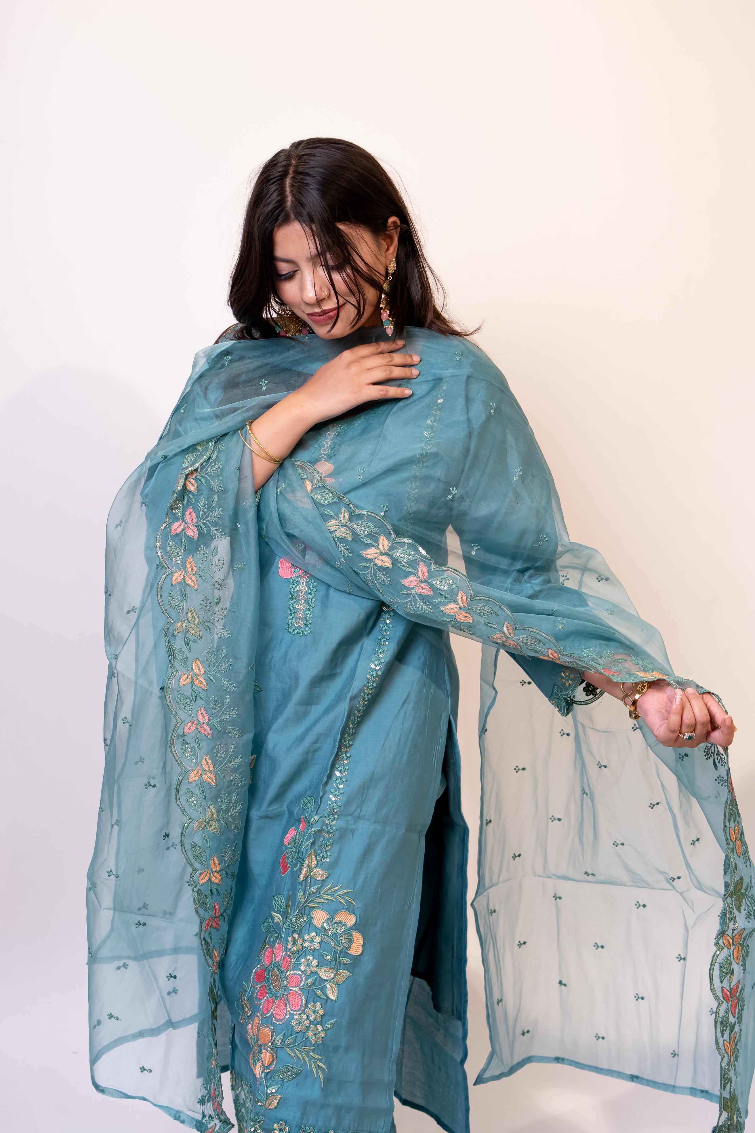 Teal green nazrana cotton suit set