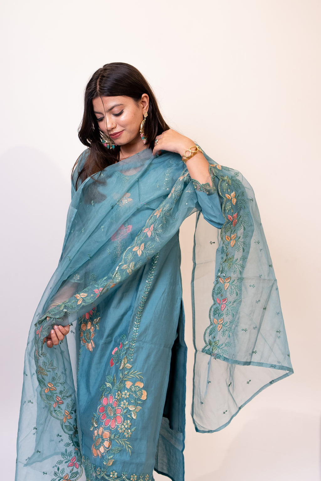 Teal green nazrana cotton suit set