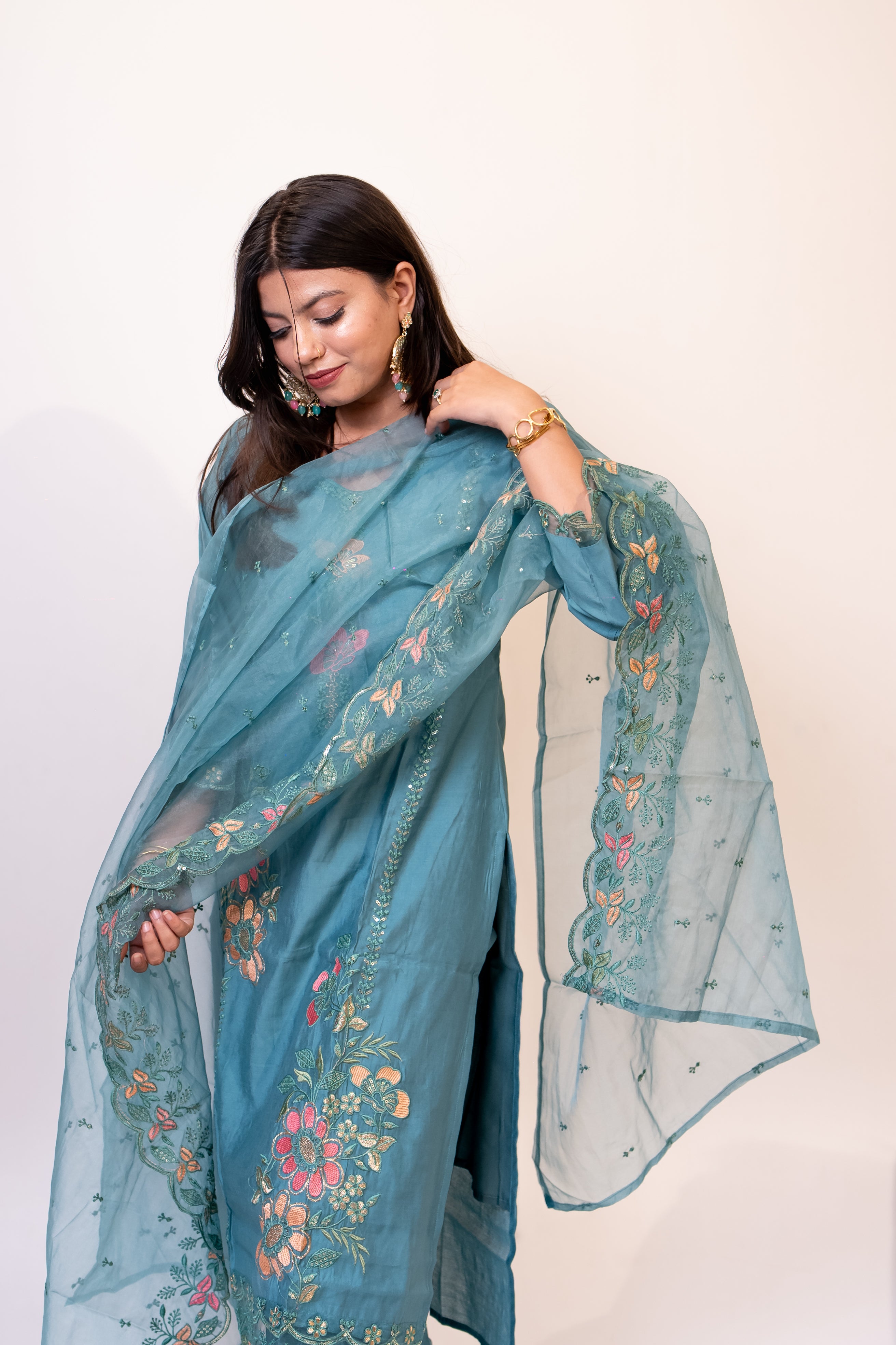 Teal green nazrana cotton suit set