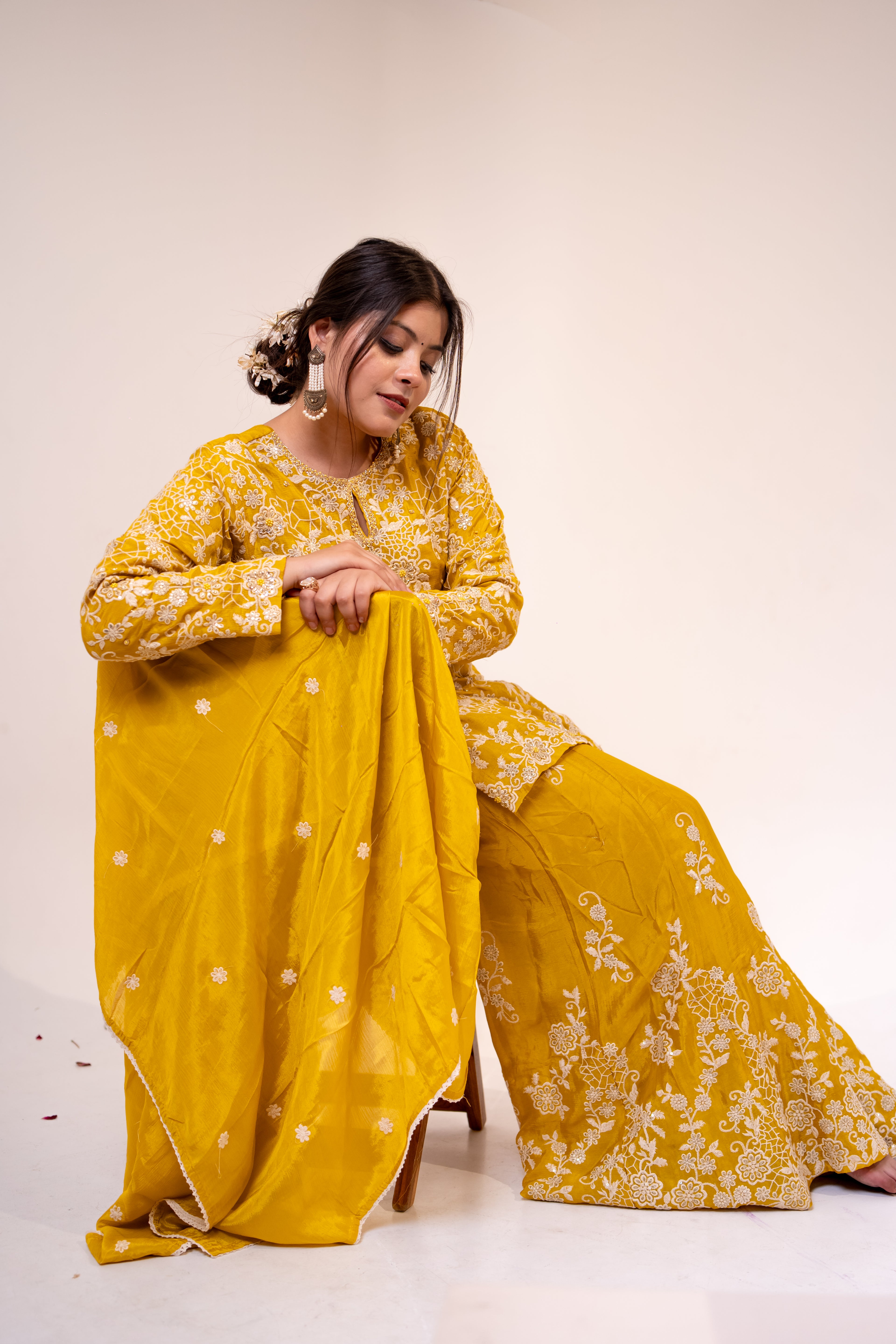 Mustard jaal embroidered Sharara set