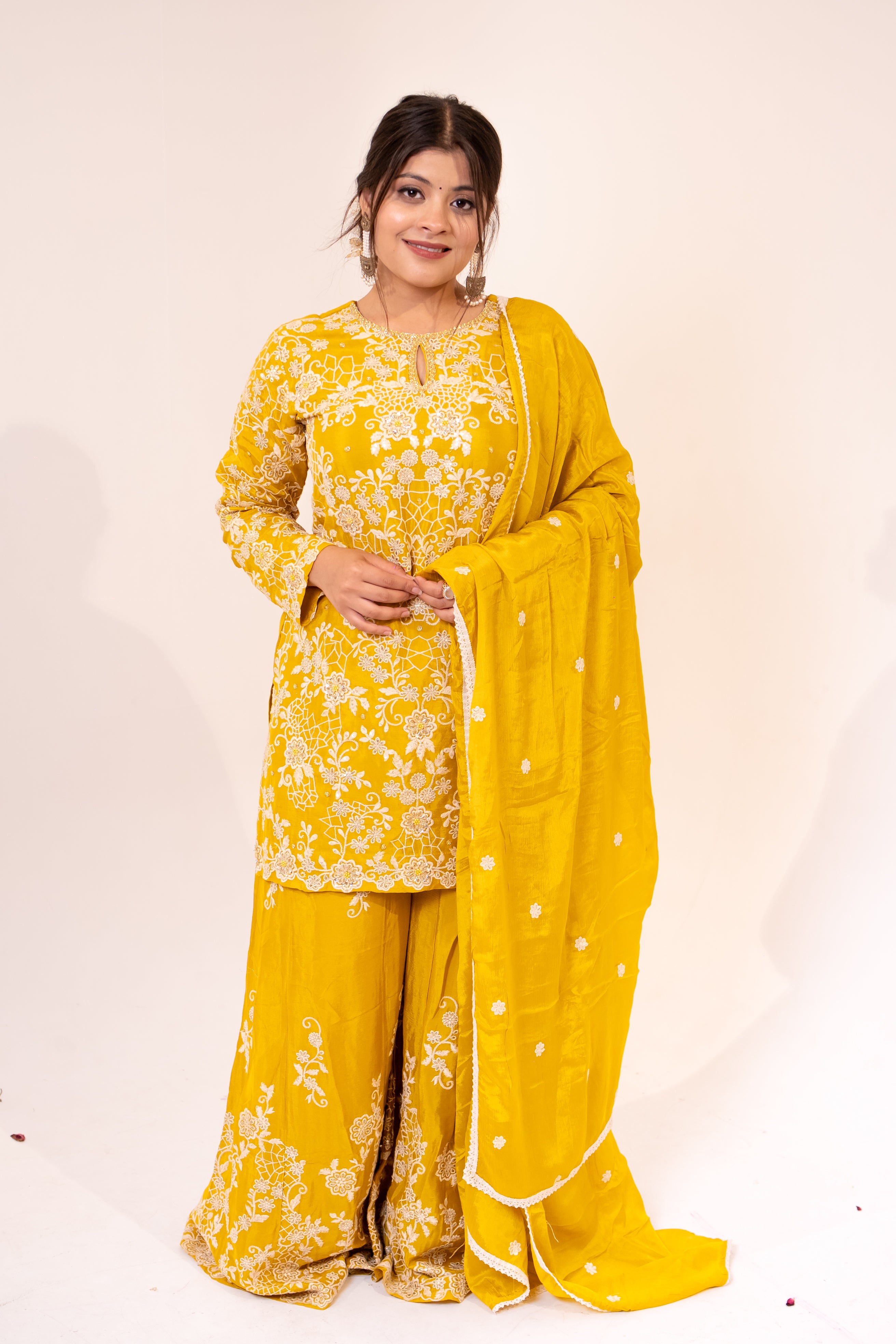 Mustard jaal embroidered Sharara set