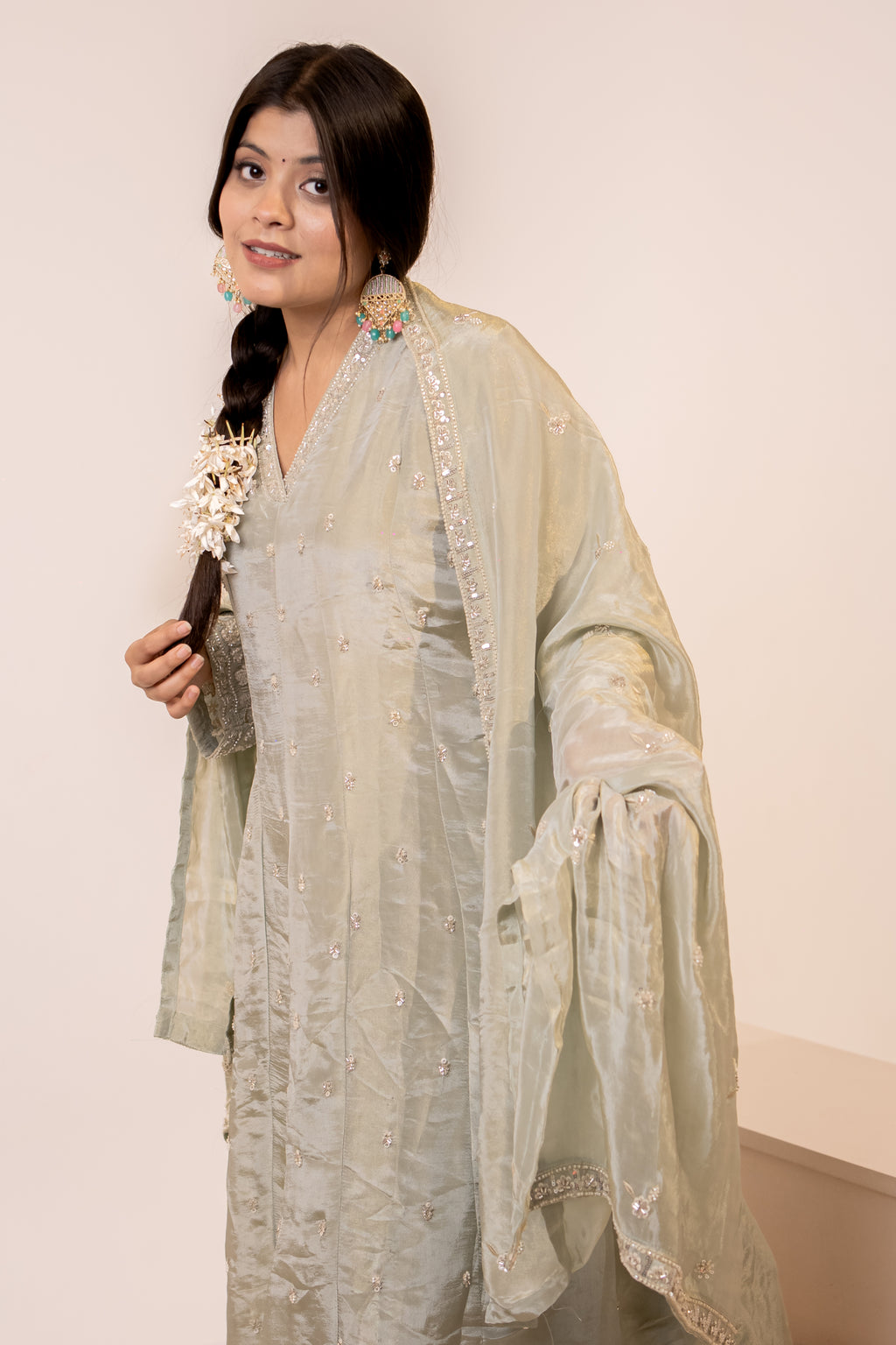 Sage green cut daana Anarkali set