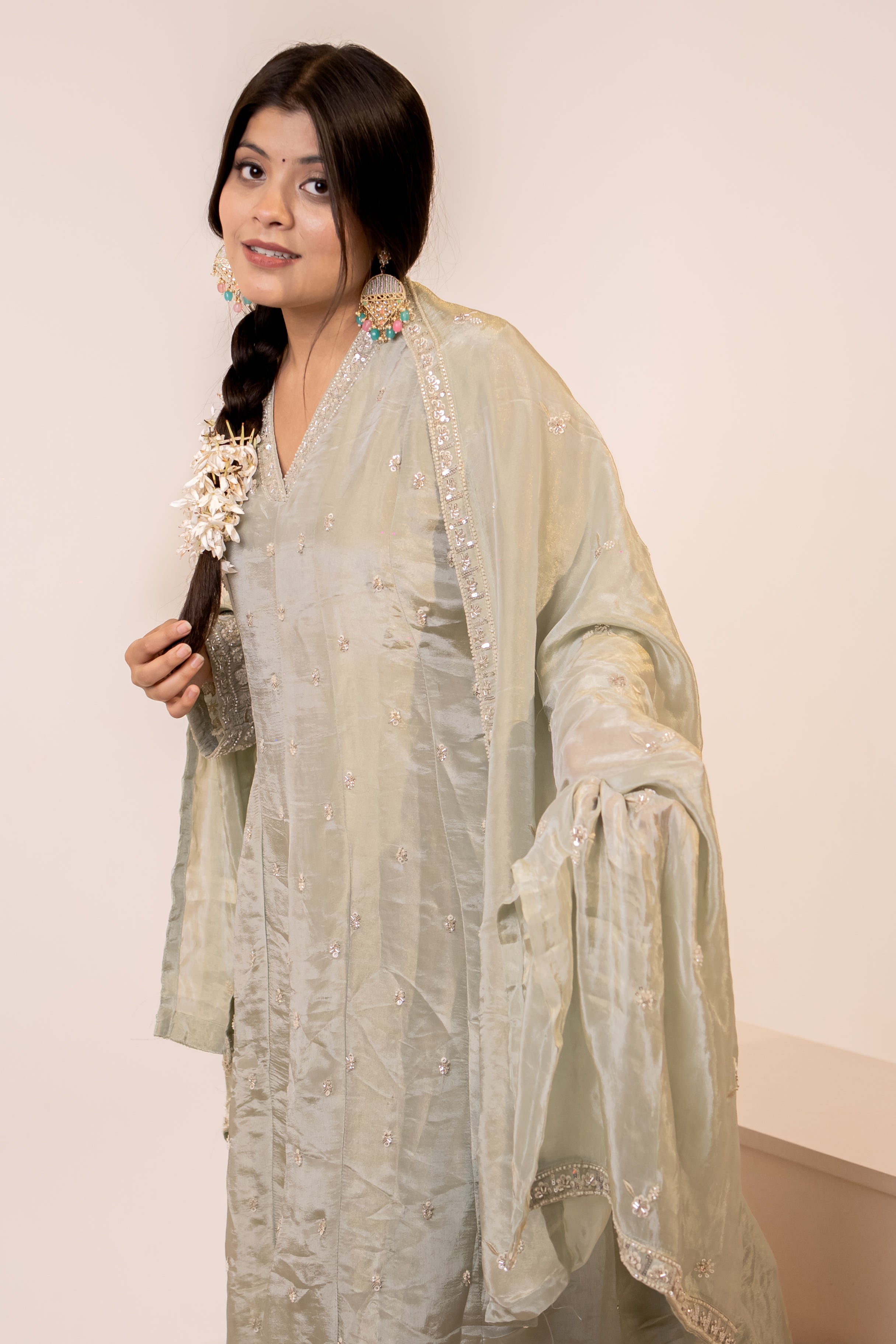 Sage green cut daana Anarkali set