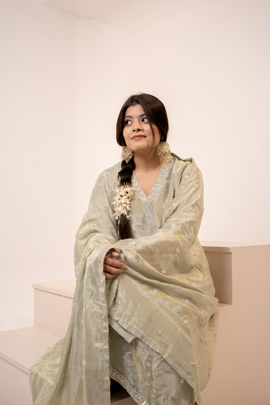 Sage green cut daana Anarkali set