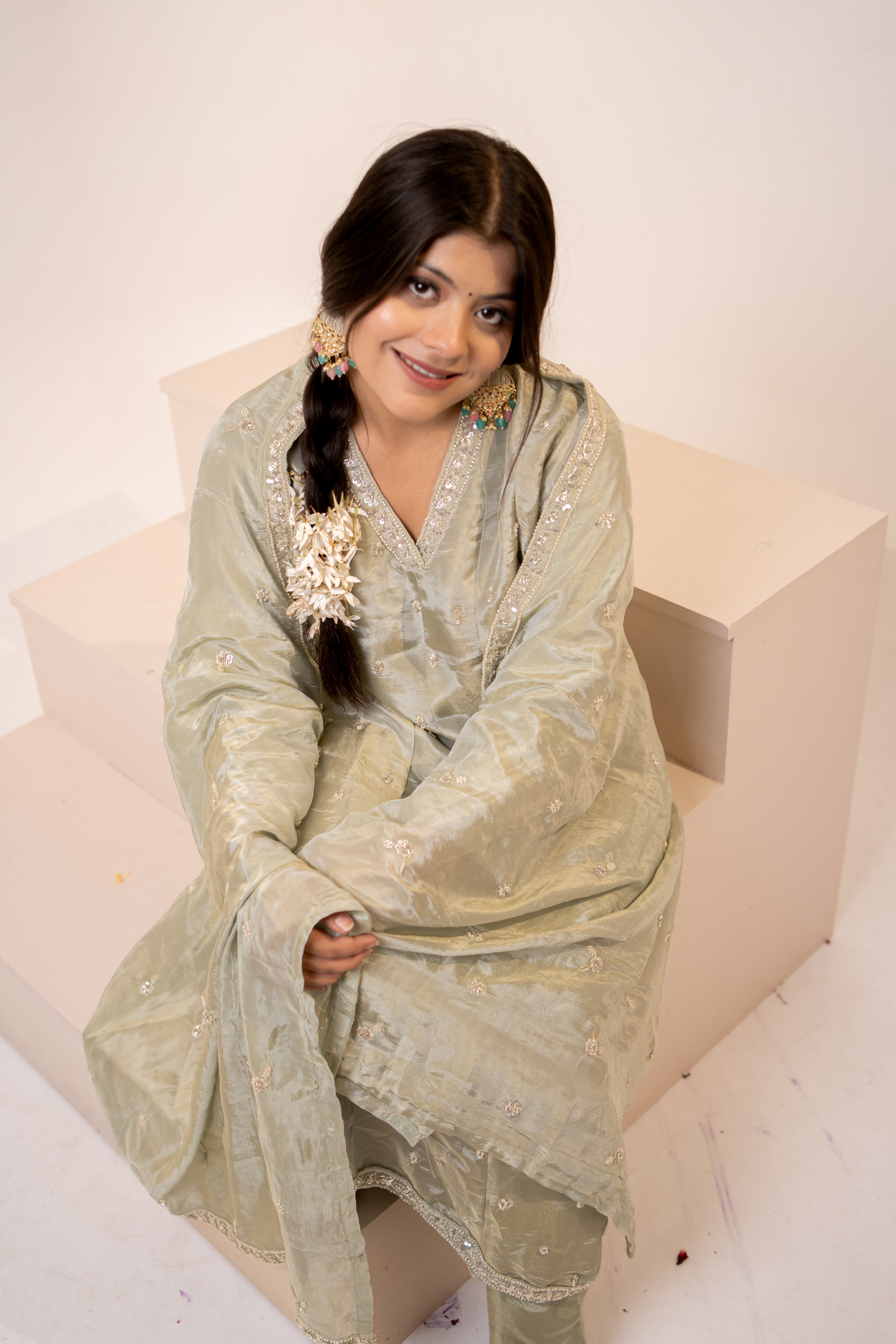Sage green cut daana Anarkali set