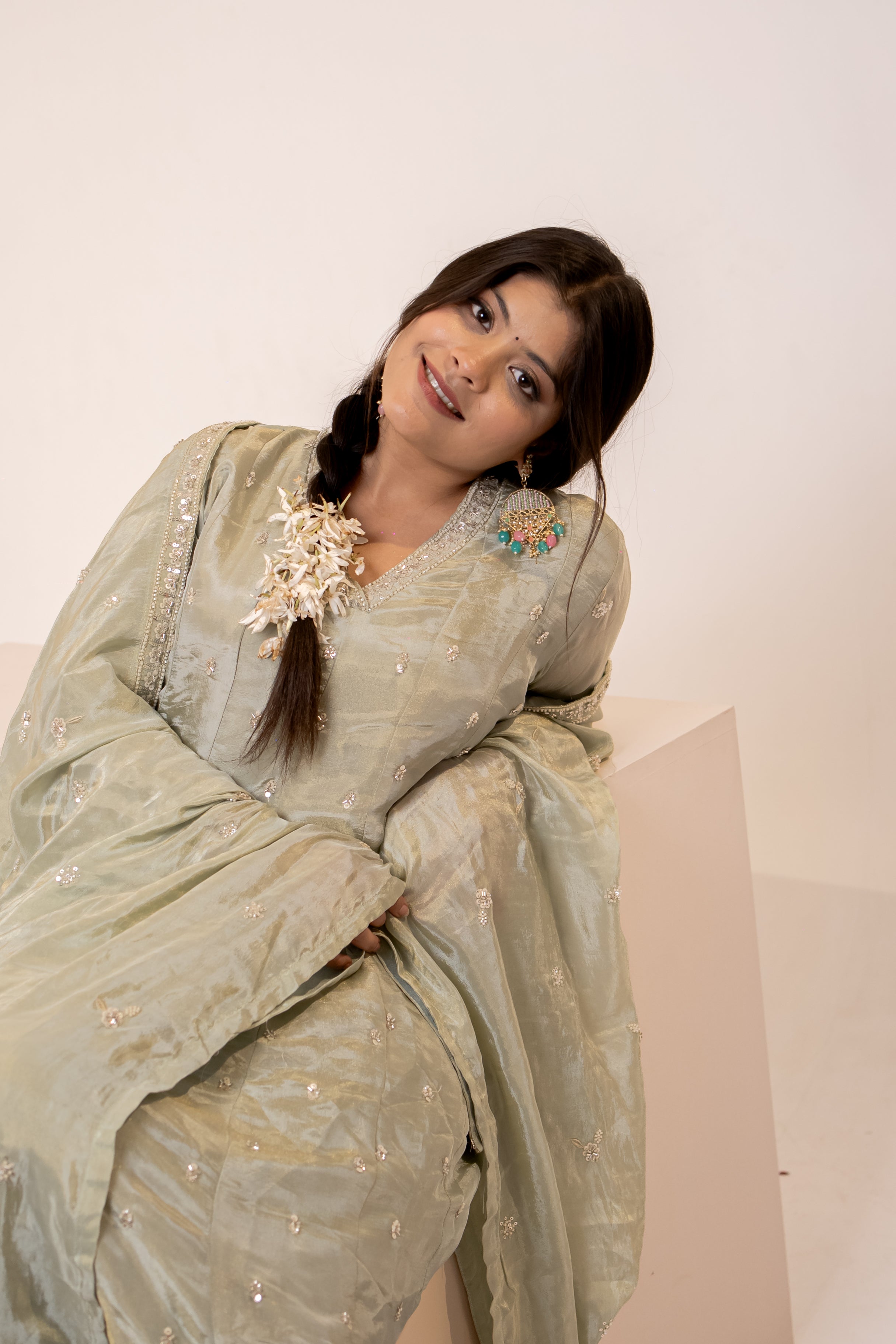 Sage green cut daana Anarkali set