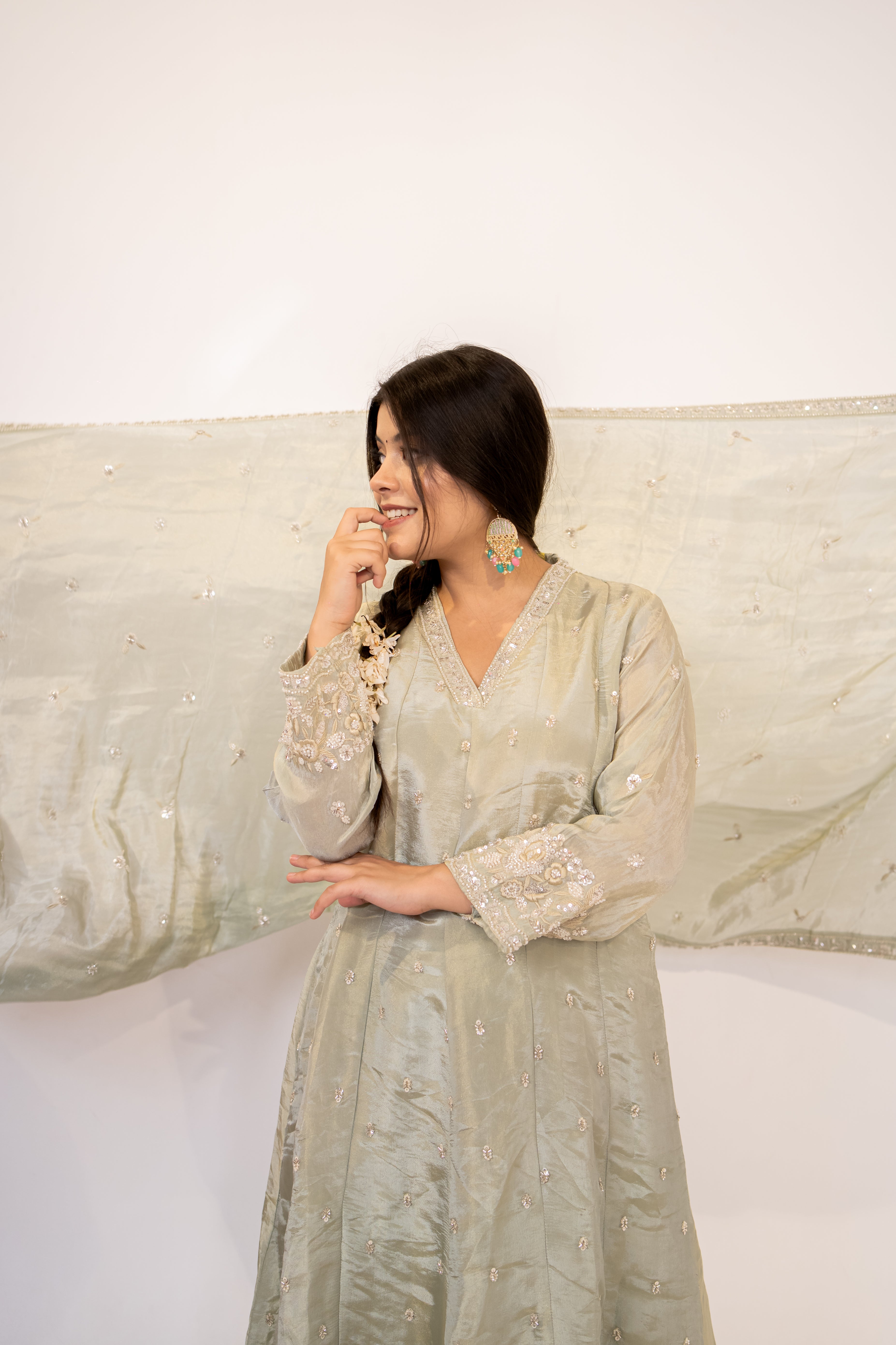 Sage green cut daana Anarkali set