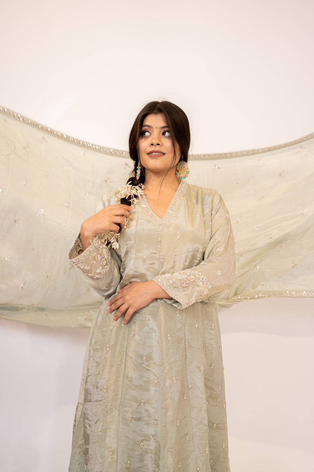 Sage green cut daana Anarkali set
