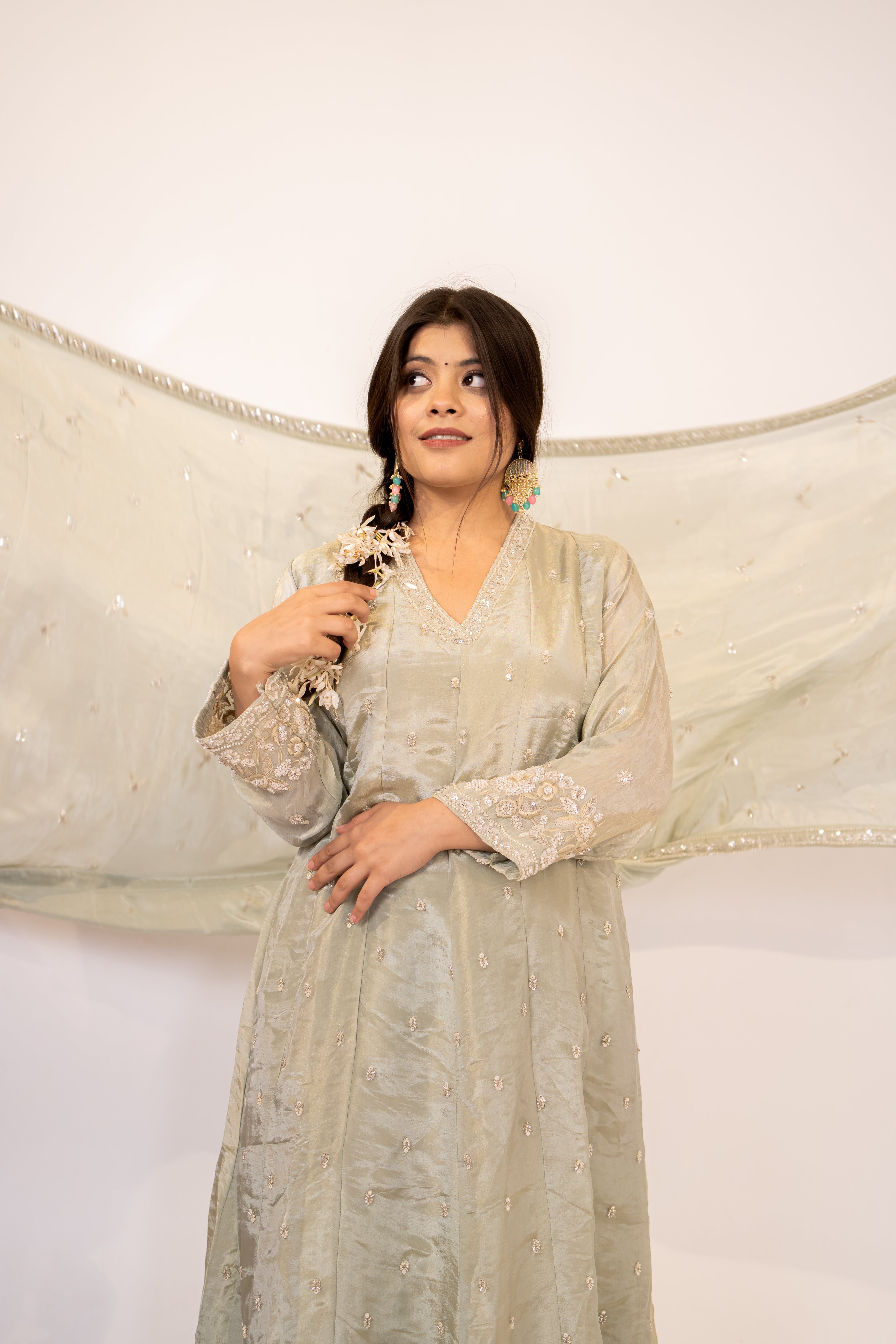 Sage green cut daana Anarkali set